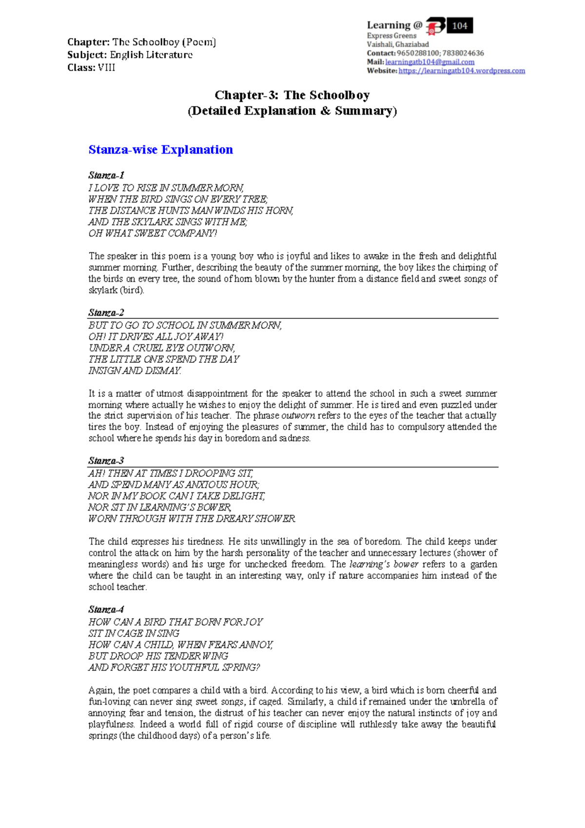 Theschoolboysummarystanzawiseexpalantion Chapter The Schoolboy