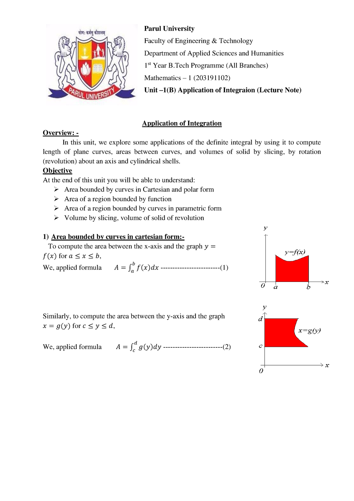 Unit-1 B Application Of Integration 2021 - Parul University Faculty Of ...