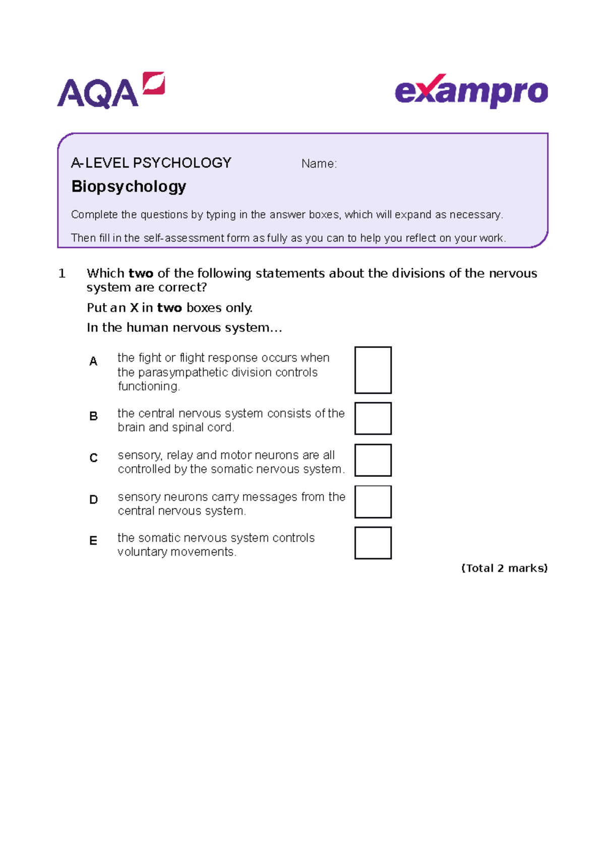 AA PSY Biopsychology 2 - The - 1 Which Two Of The Following Statements ...