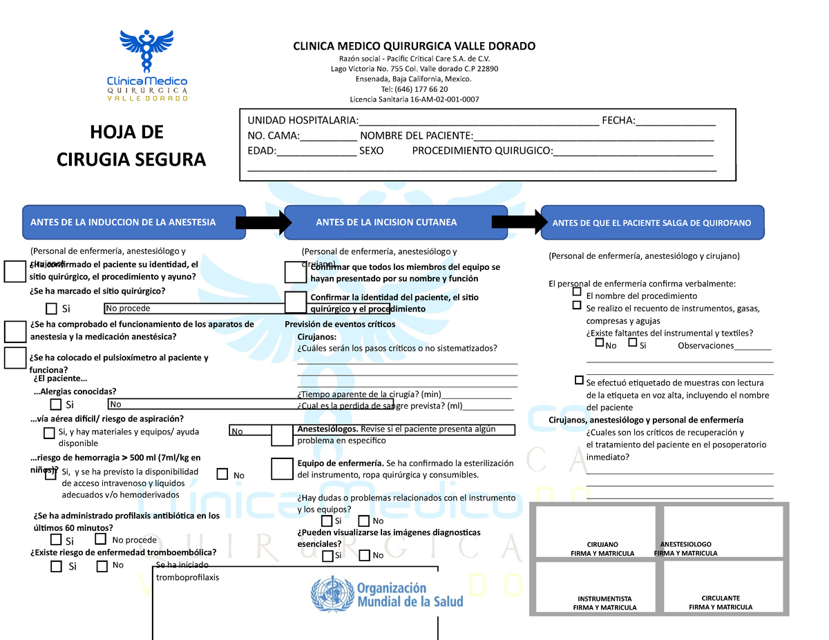 12 Hoja De Cirugia Segura Clinica Medico Quirurgica Valle Dorado Razón Social Pacific 7279