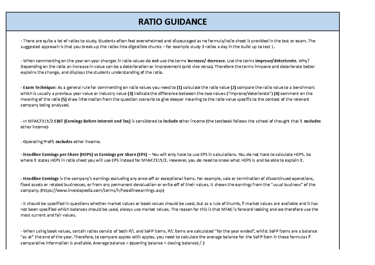Financial Analysis Ratios 2024 PDF - RATIO GUIDANCE - There are quite a ...