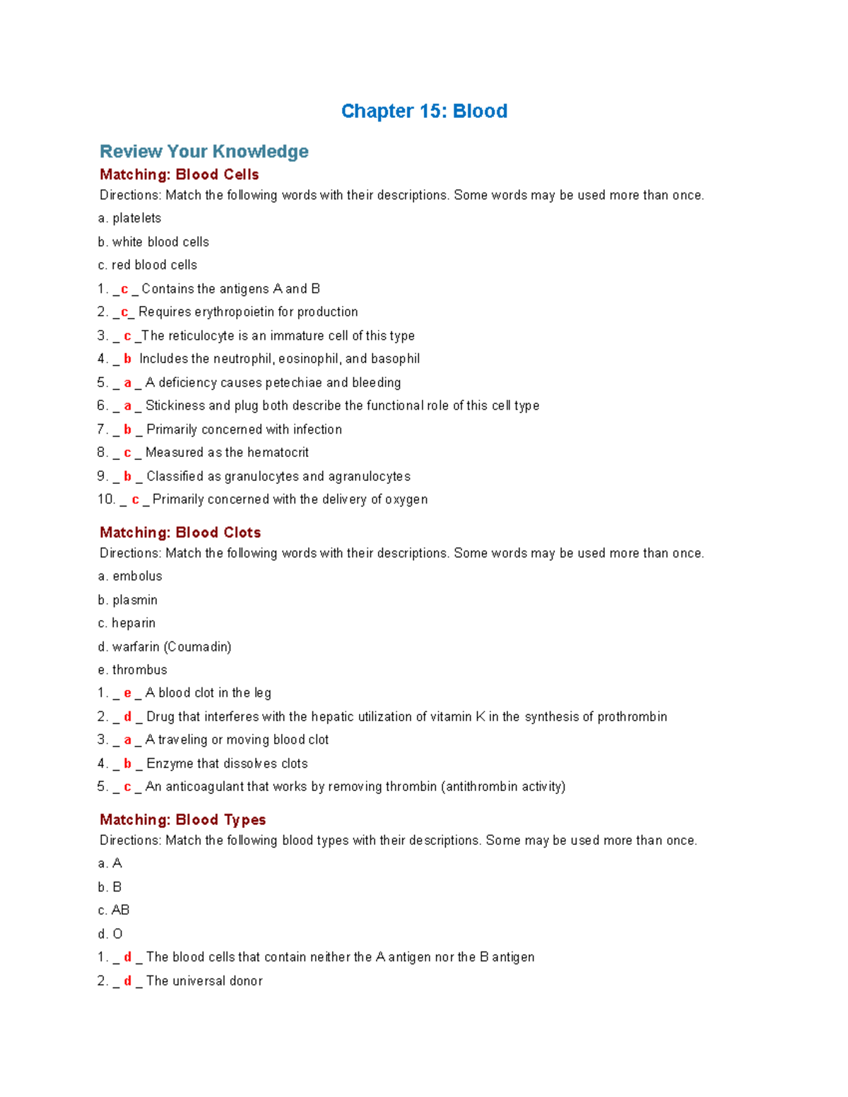 AHP106 Wk4 Assignment Answer Keys - Chapter 15: Blood Review Your ...