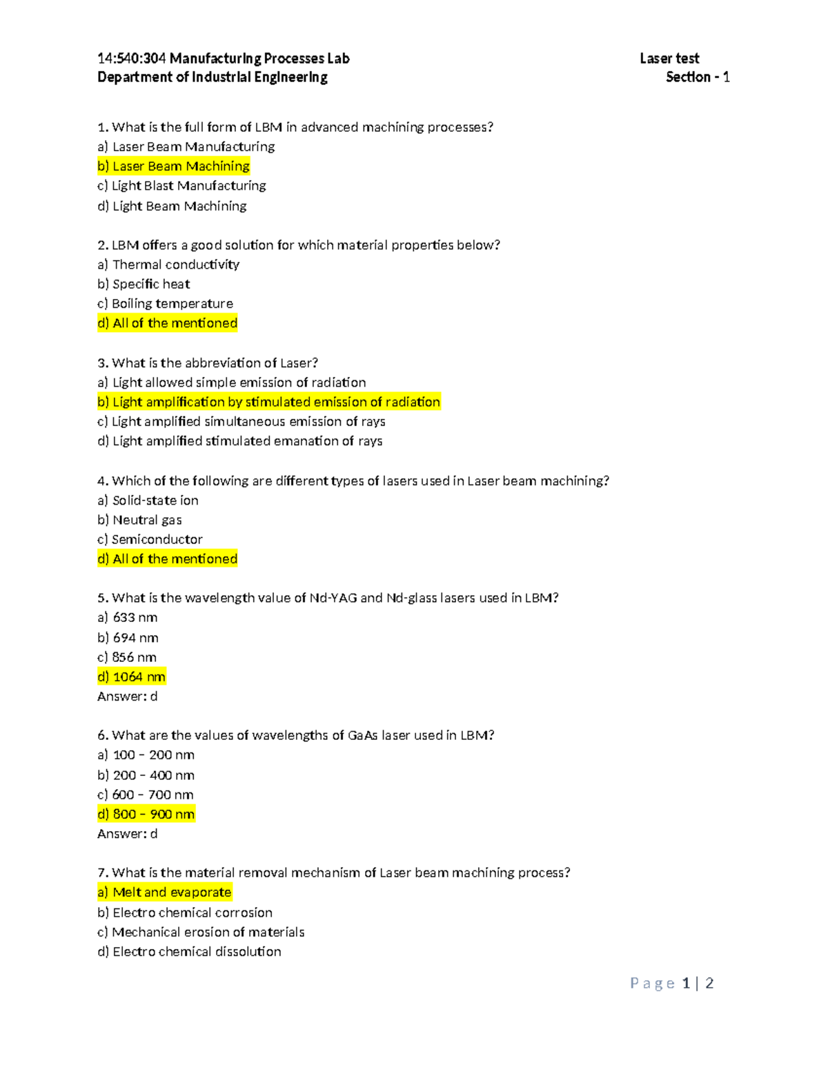 Test Question Paper - Sec1 - 14:540:304 Manufacturing Processes Lab ...
