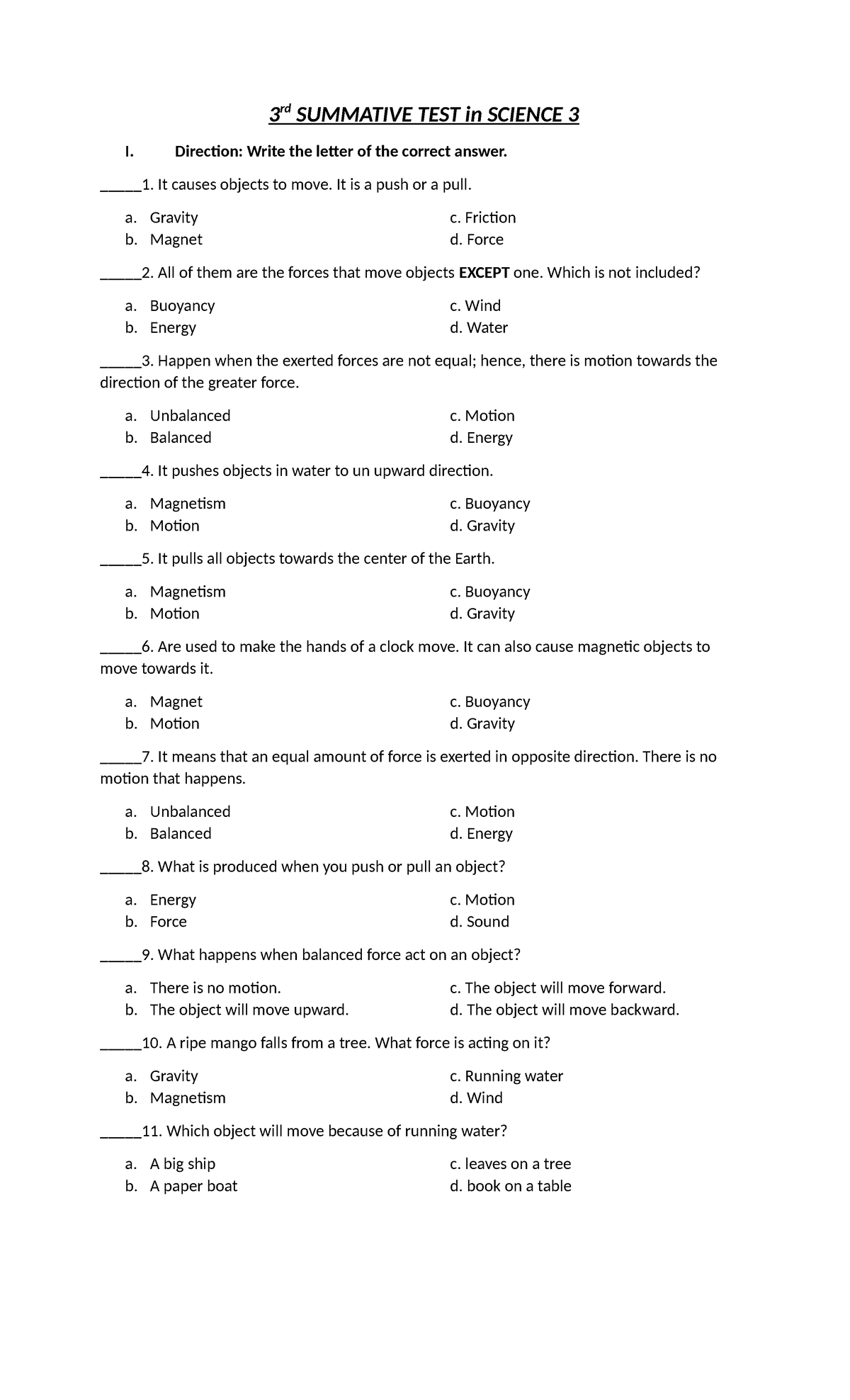 Chinmeelark - 3 rd SUMMATIVE TEST in SCIENCE 3 I. Direction: Write the ...