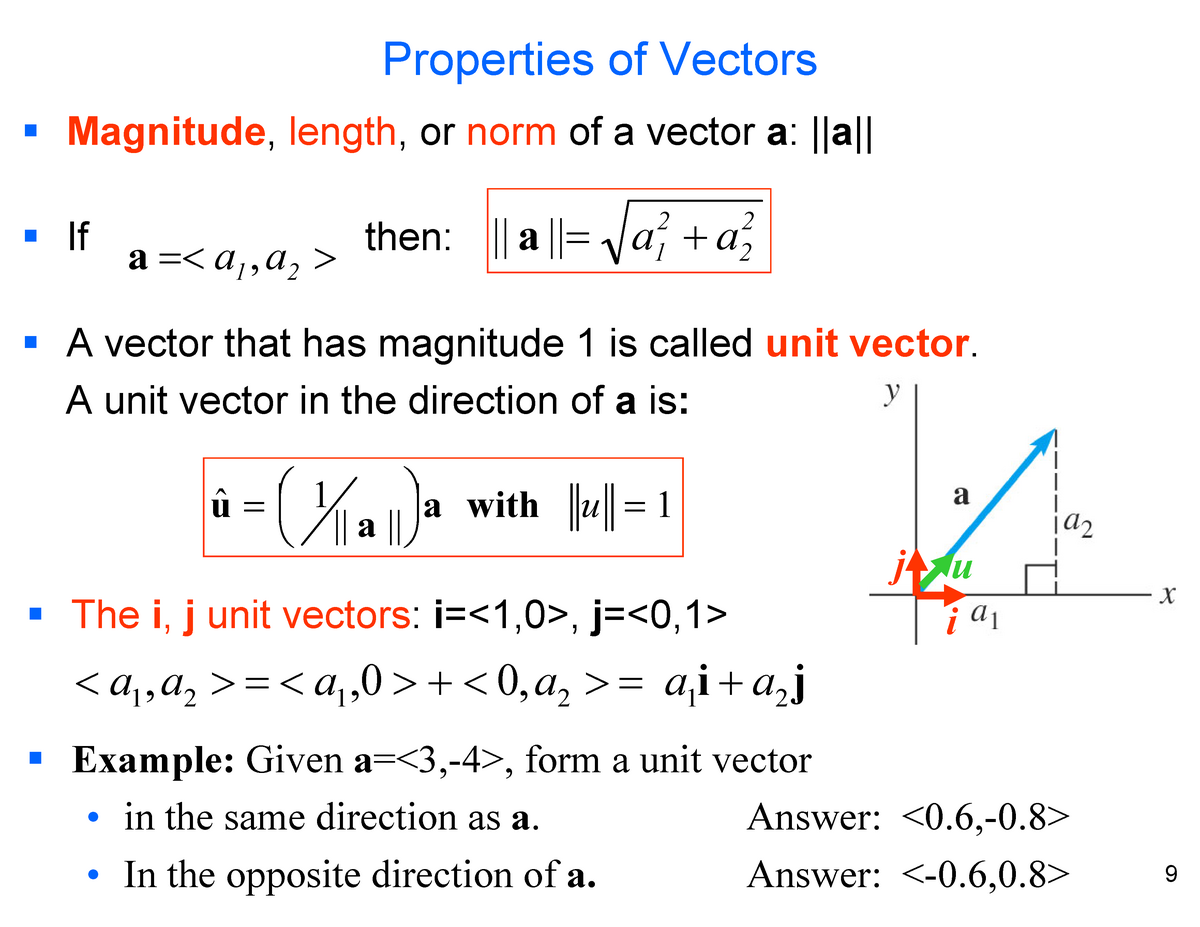 Lecture 02 Vectors Review 9 Properties Of Vectors Magnitude Length Or Norm Of A 2436