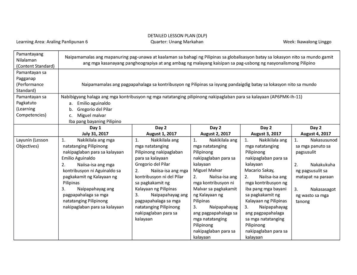 Q1 (week 8) - DLP - DETAILED LESSON PLAN (DLP) Learning Area: Araling ...