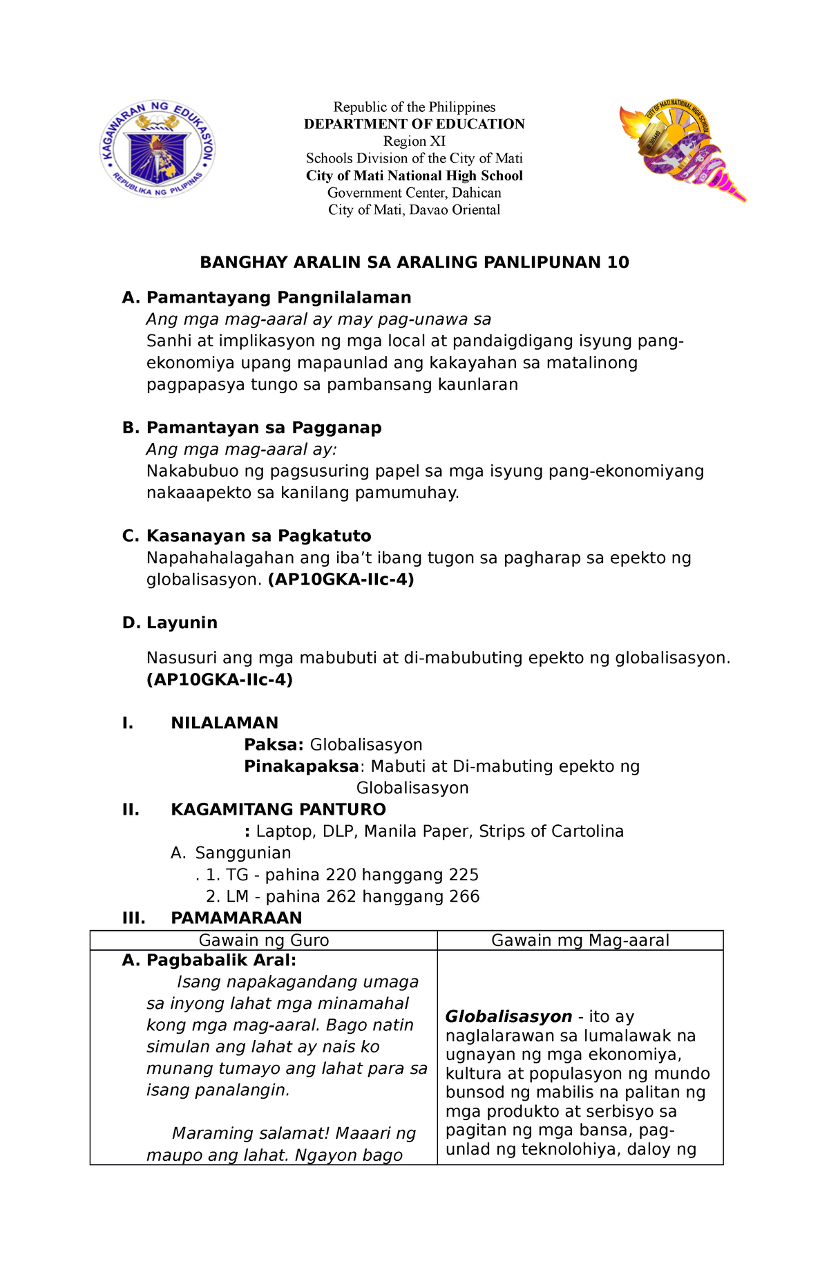 Banghay Aralin SA Araling Panlipunan 10 - Republic Of The Philippines ...