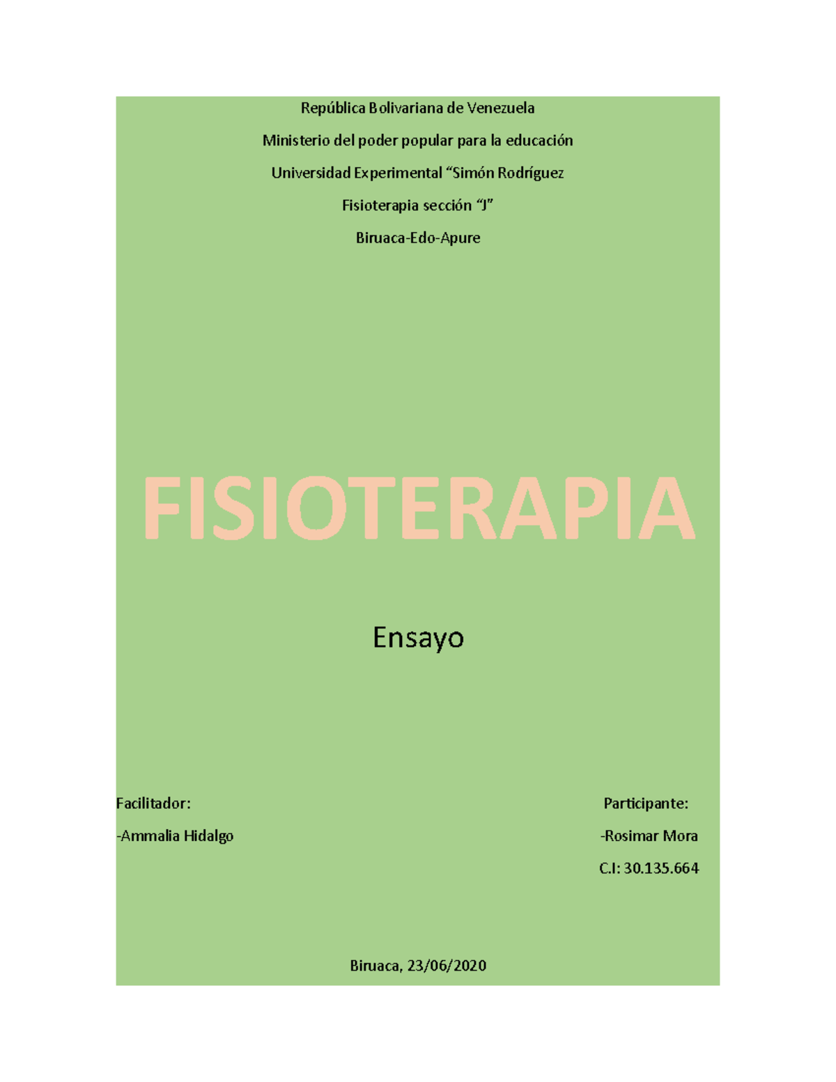 Ensayo de fisioterapia República Bolivariana de Venezuela Ministerio