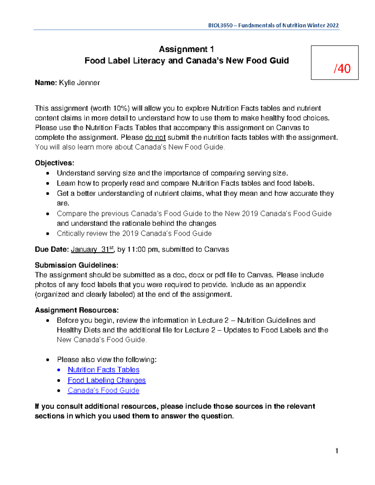 nutrition food label assignment