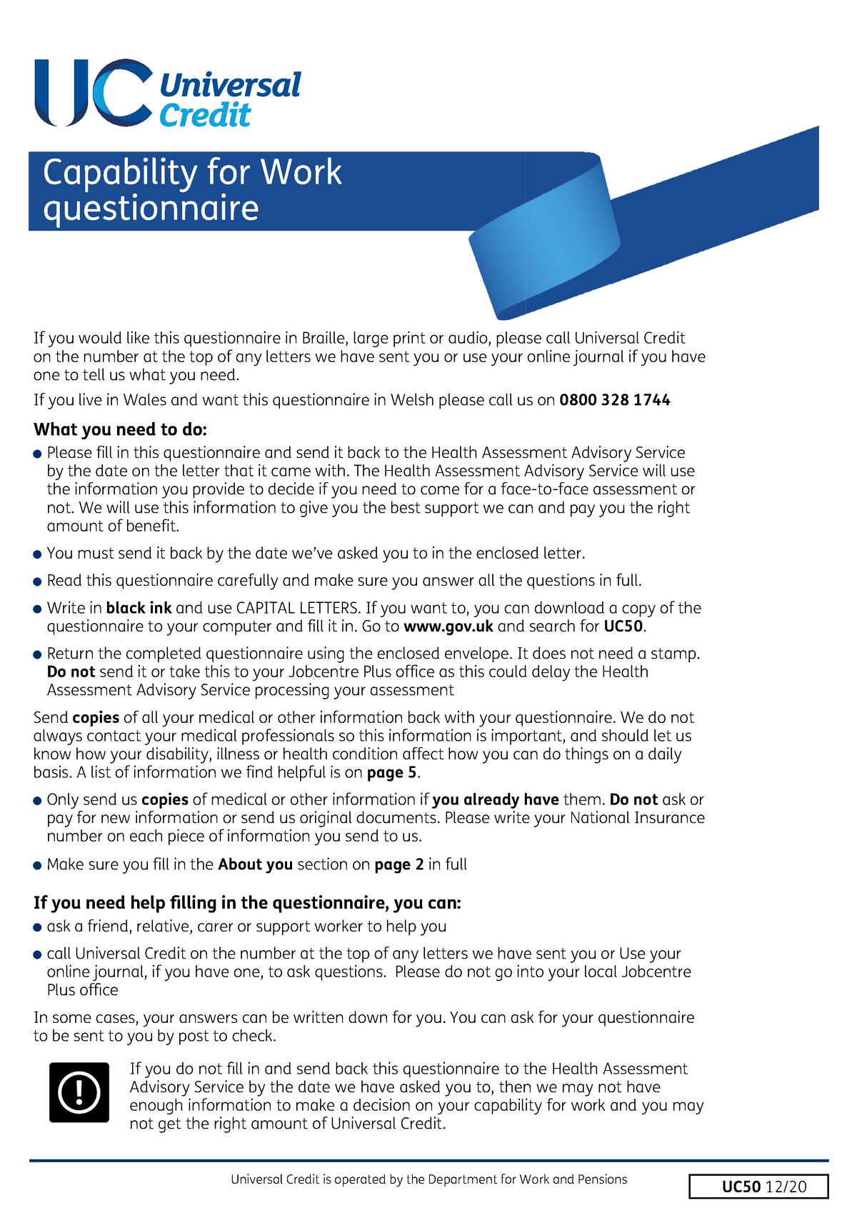 L3 - Universal Credit capability for work questionnaire (UC50 ...