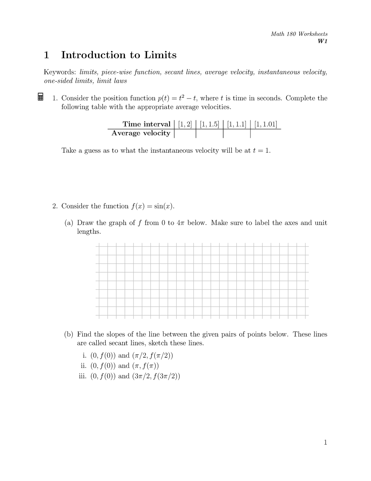 Math 180 Worksheets Week 2 W 1 Introduction To Limits Keywords Limits Piece wise Function