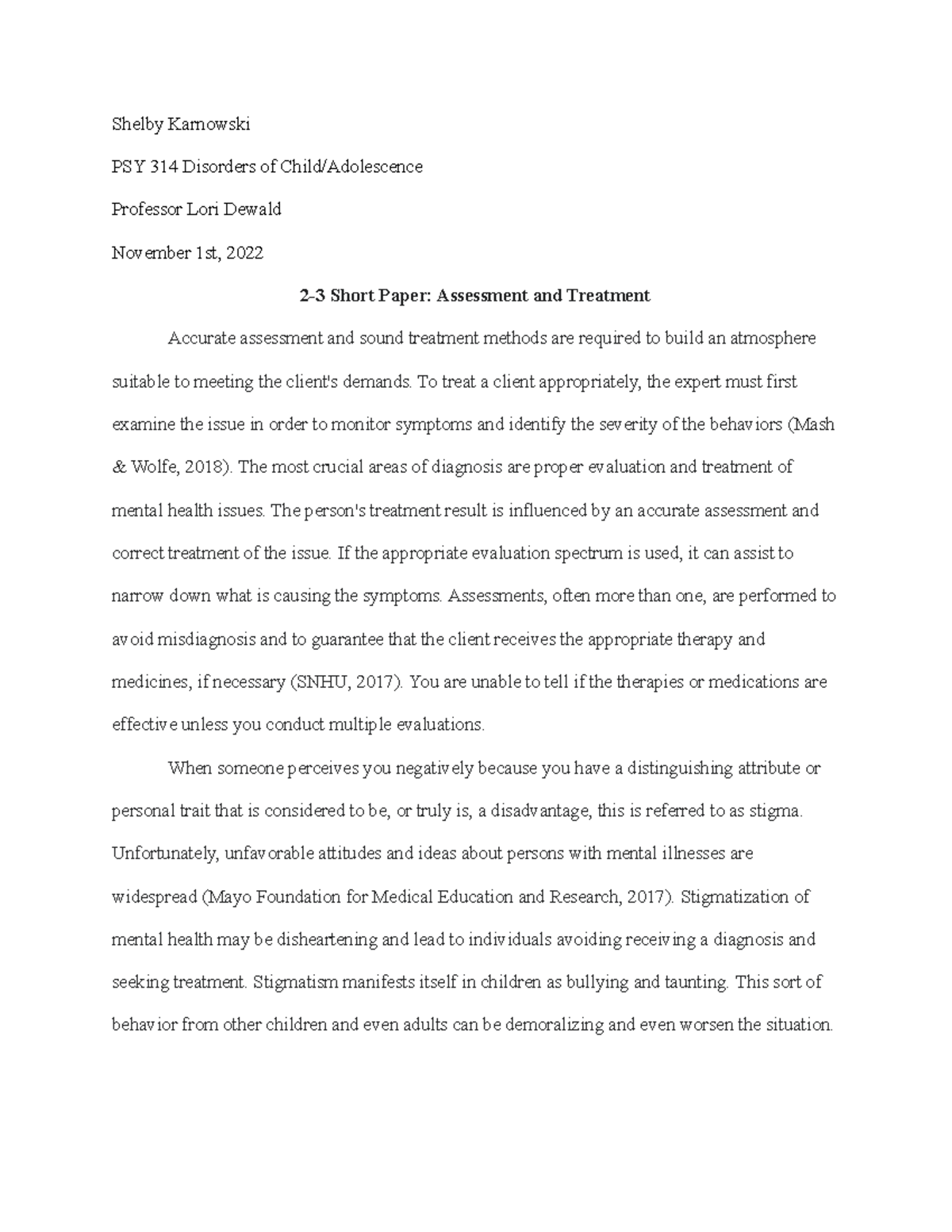 2-3 Short Paper Assessment and Treatment - PSY314 - SNHU - Studocu