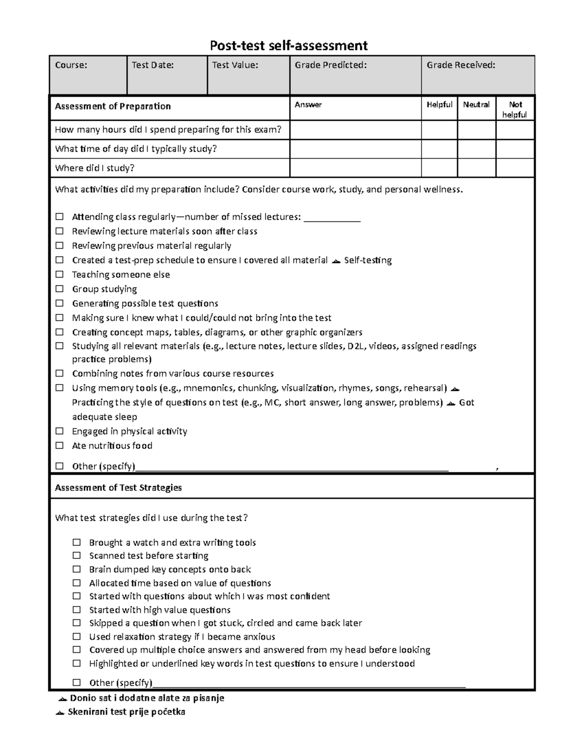 Samoocjenjivanje obrazac - Post-test self-assessment Course: Test Date ...