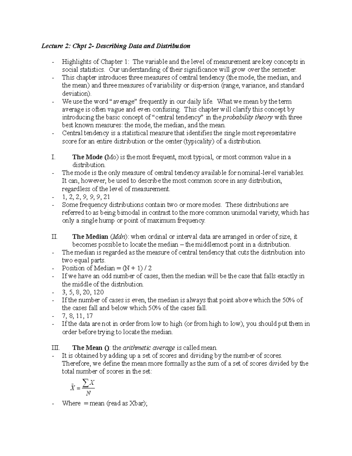 Lecture 2- Describing Data and Distribution - Lecture 2: Chpt 2 ...