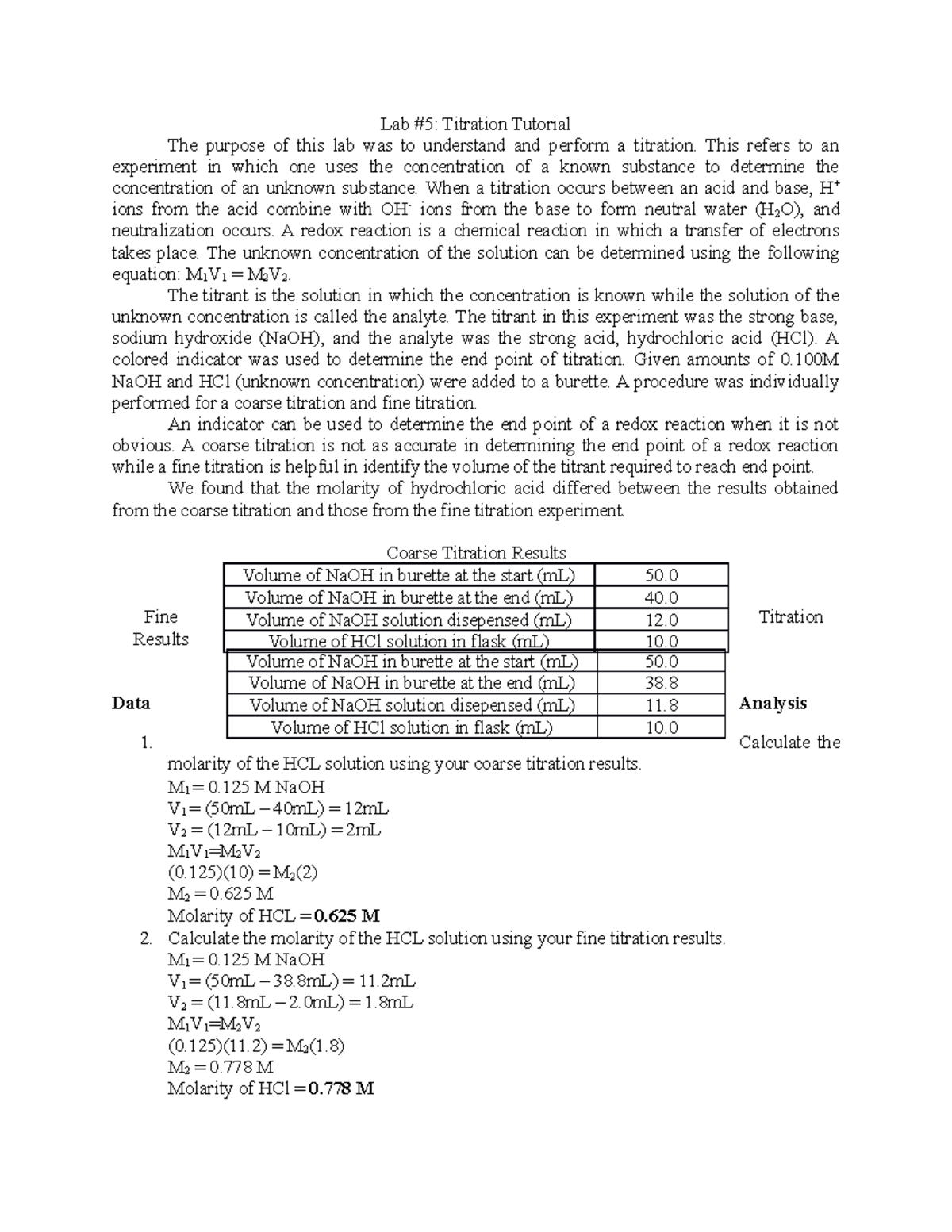 Titration Tutorial Lab Chem 113 Lab 5 Titration Tutorial The