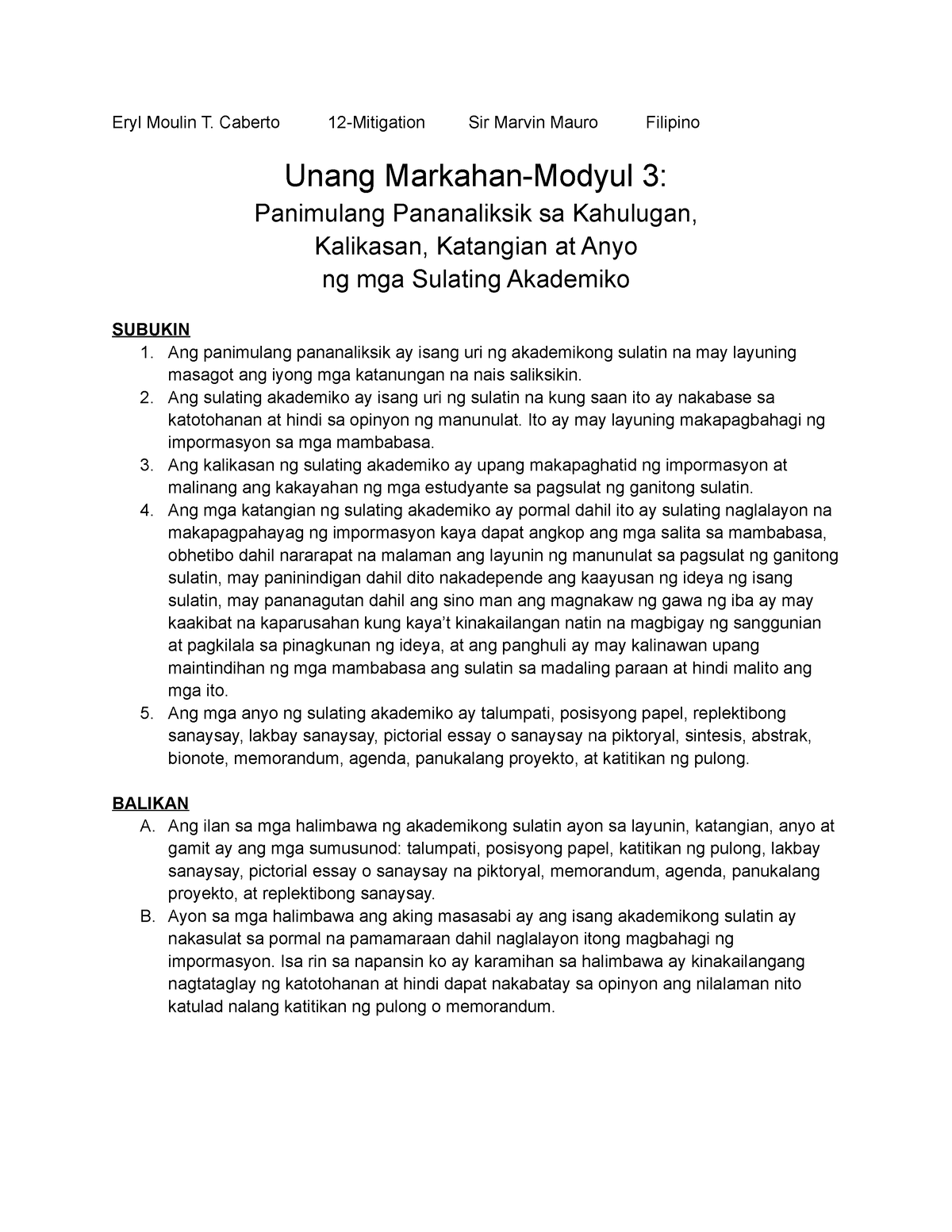 Unang Markahan Modyul Panimulang Pananaliksik Sa Kahulugan