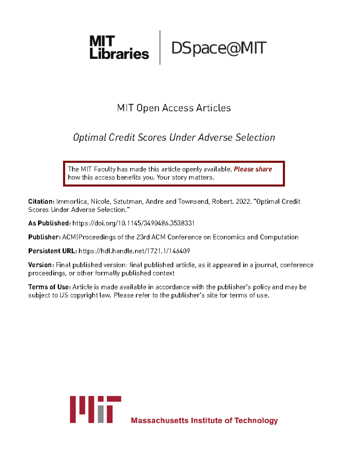 2022-EC-Optimal Credit Scores Under Adverse Selection - MIT Open Access ...
