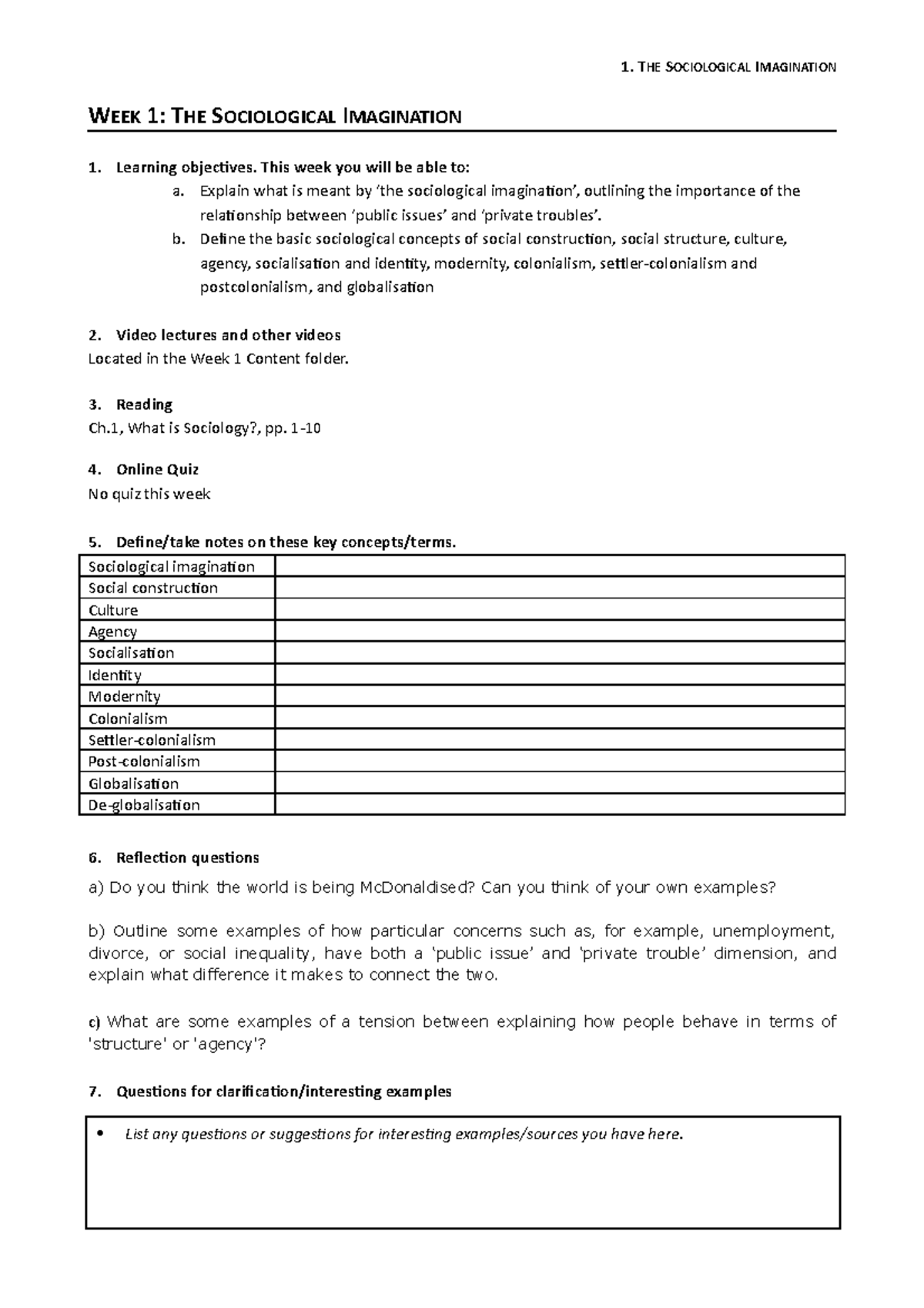 Week 1 The Sociological Imagination Worksheet - 1. THE SOCIOLOGICAL ...
