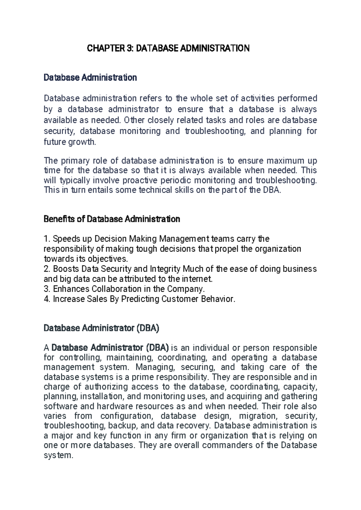 DBMS CHAP 3 - Notes - CHAPTER3:DATABASEADMINISTRATION ...