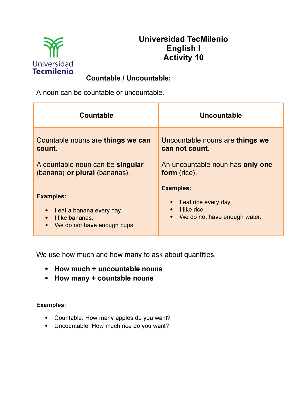 Countable and Uncountable Nouns - Toda Matéria