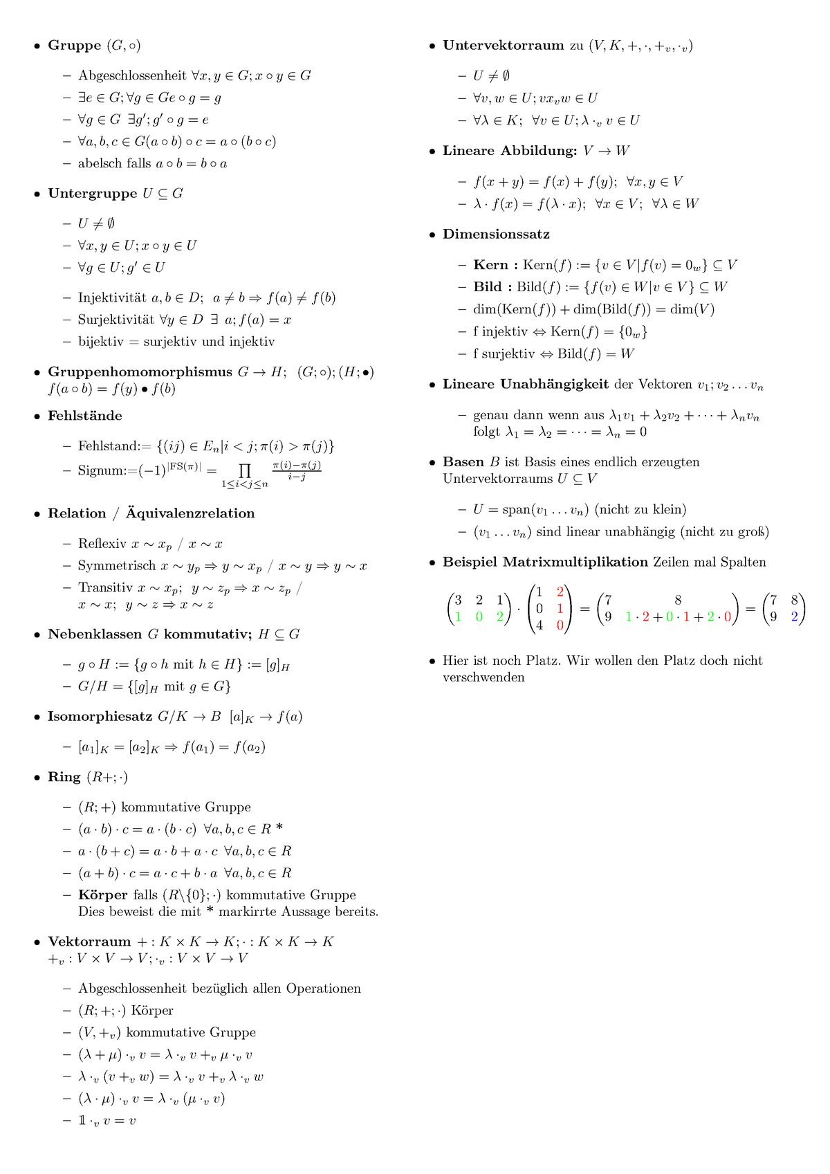 Cheatsheet 2 Zusammenfassung Lineare Algebra Und Diskrete Strukturen 1 Ma1101 Studocu