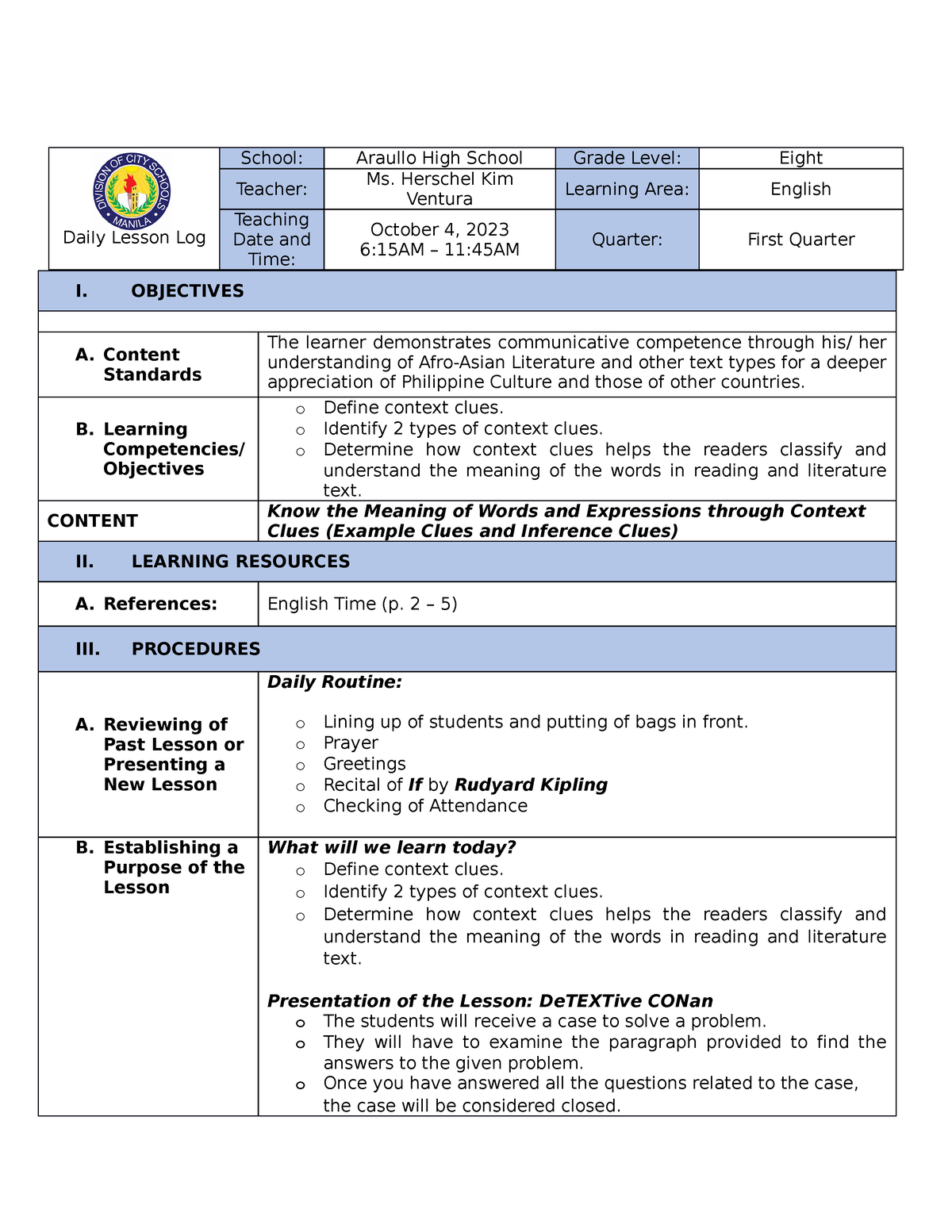 1 Context Clues - Dlp - Lesson Plan - Daily Lesson Log School: Araullo 