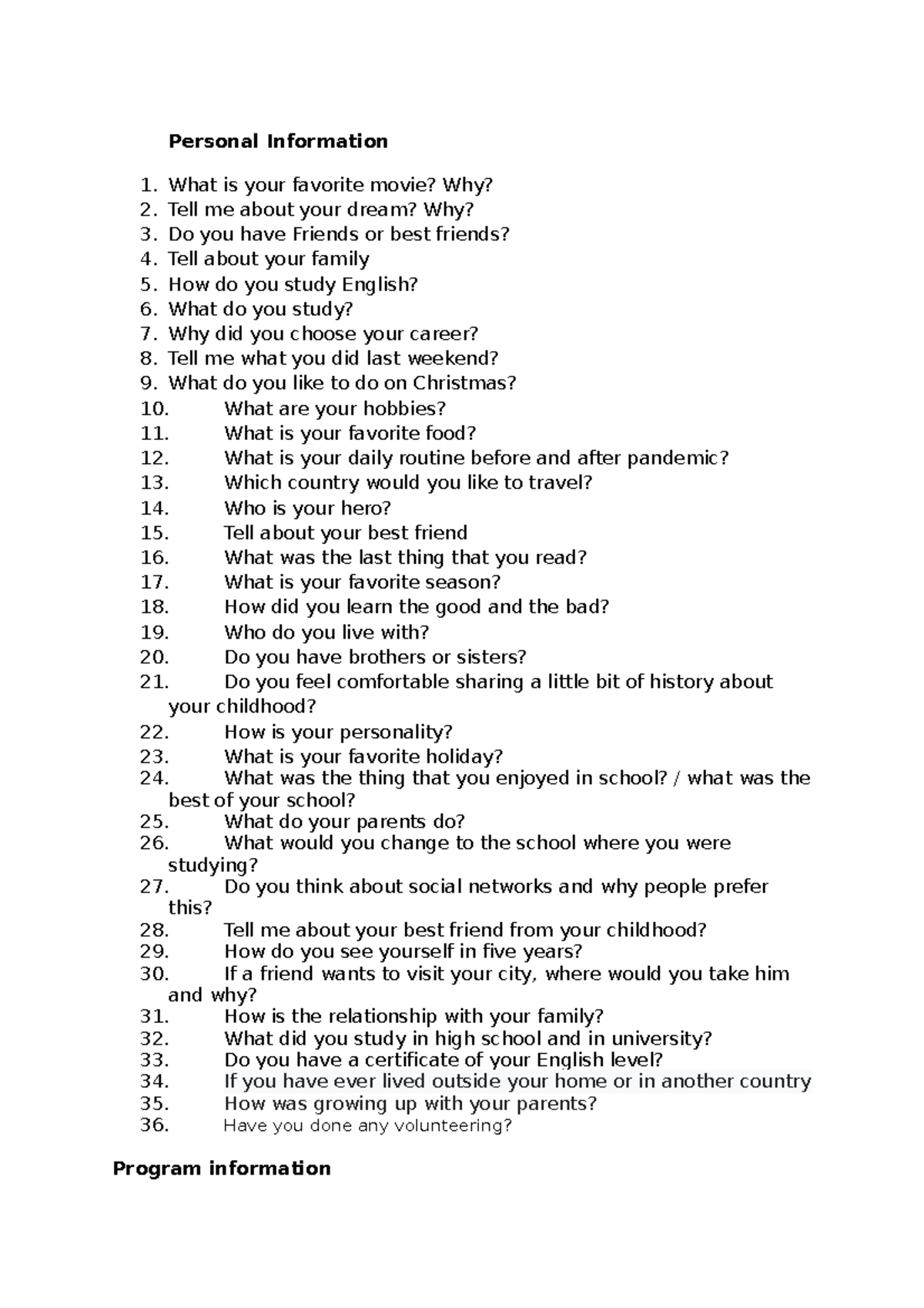 Interview questions 2 - ñññlm - Personal Information 1. What is your ...
