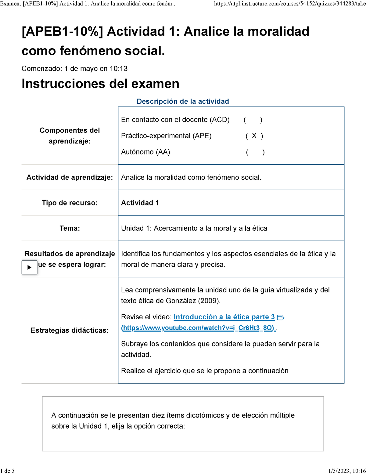 Examen [APEB 1-10 ] Actividad 1 Analice La Moralidad Como Fenómeno ...