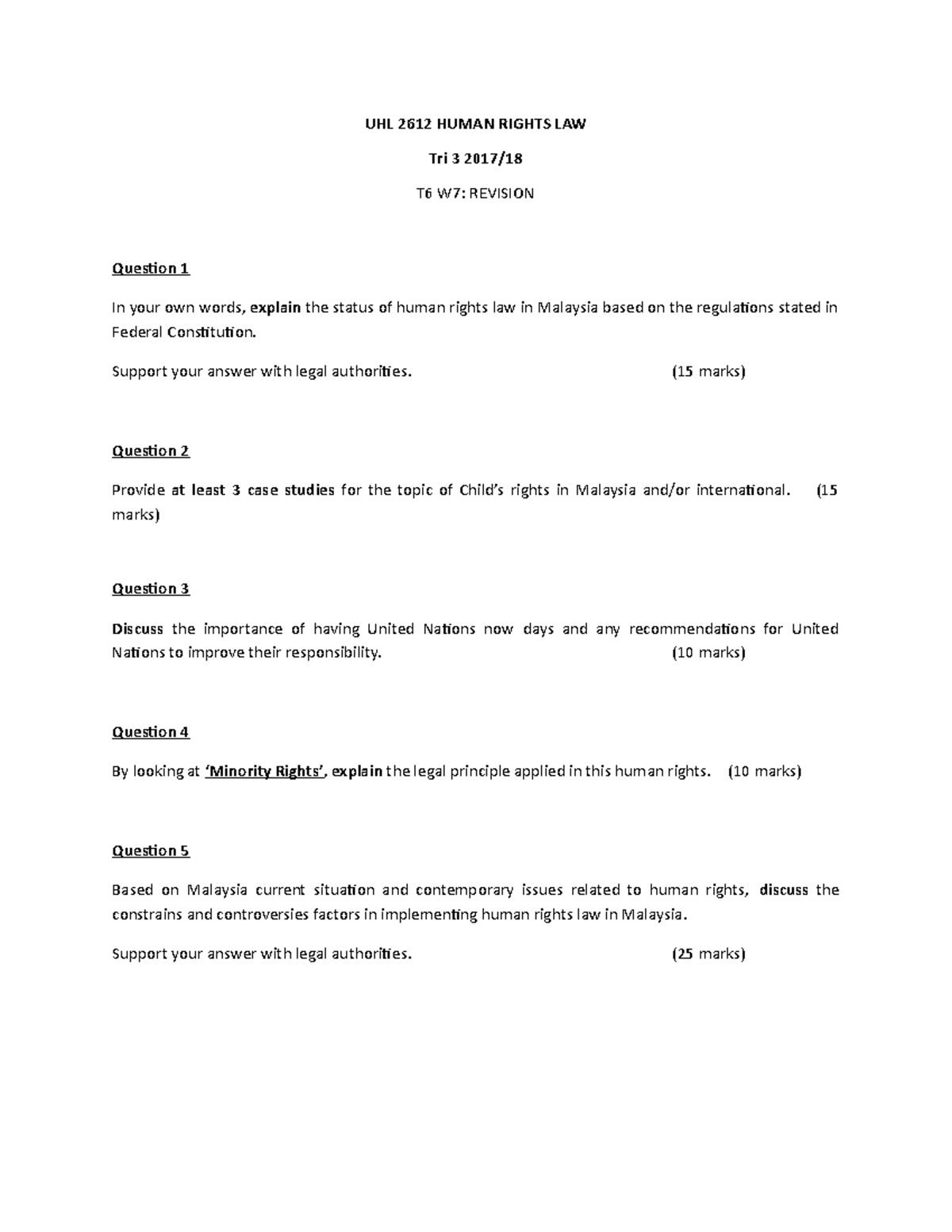 210001 Revision - tutorial notes - UHL 2612 HUMAN RIGHTS LAW Tri 3 2017 ...