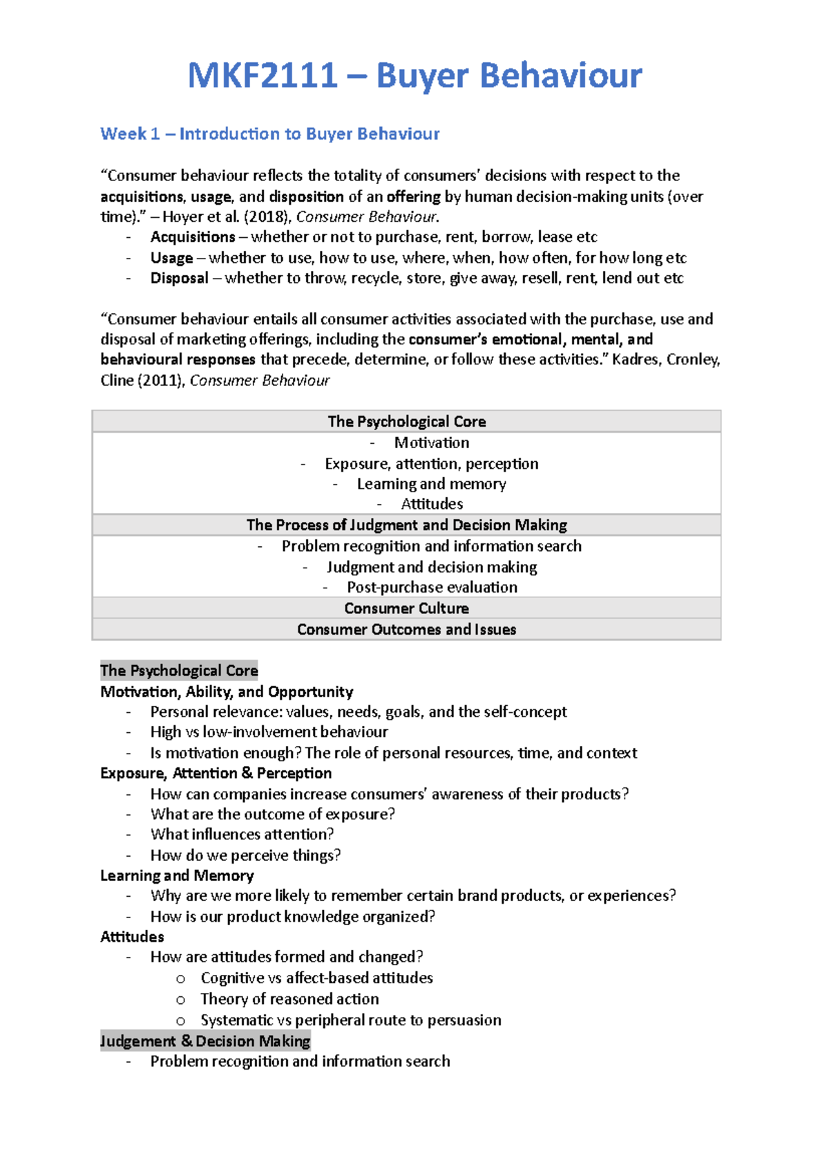 MKF2111 Buyer Behaviour Lecture Notes Week 1 - Week 1 – Introduction to ...