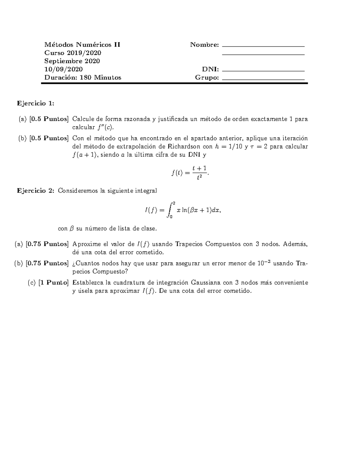 Ex Sept 2020 Mnii Parte 1 M ́etodos Num ́ericos Ii Nombre Curso 2019 Septiembre 2020 1009 0596