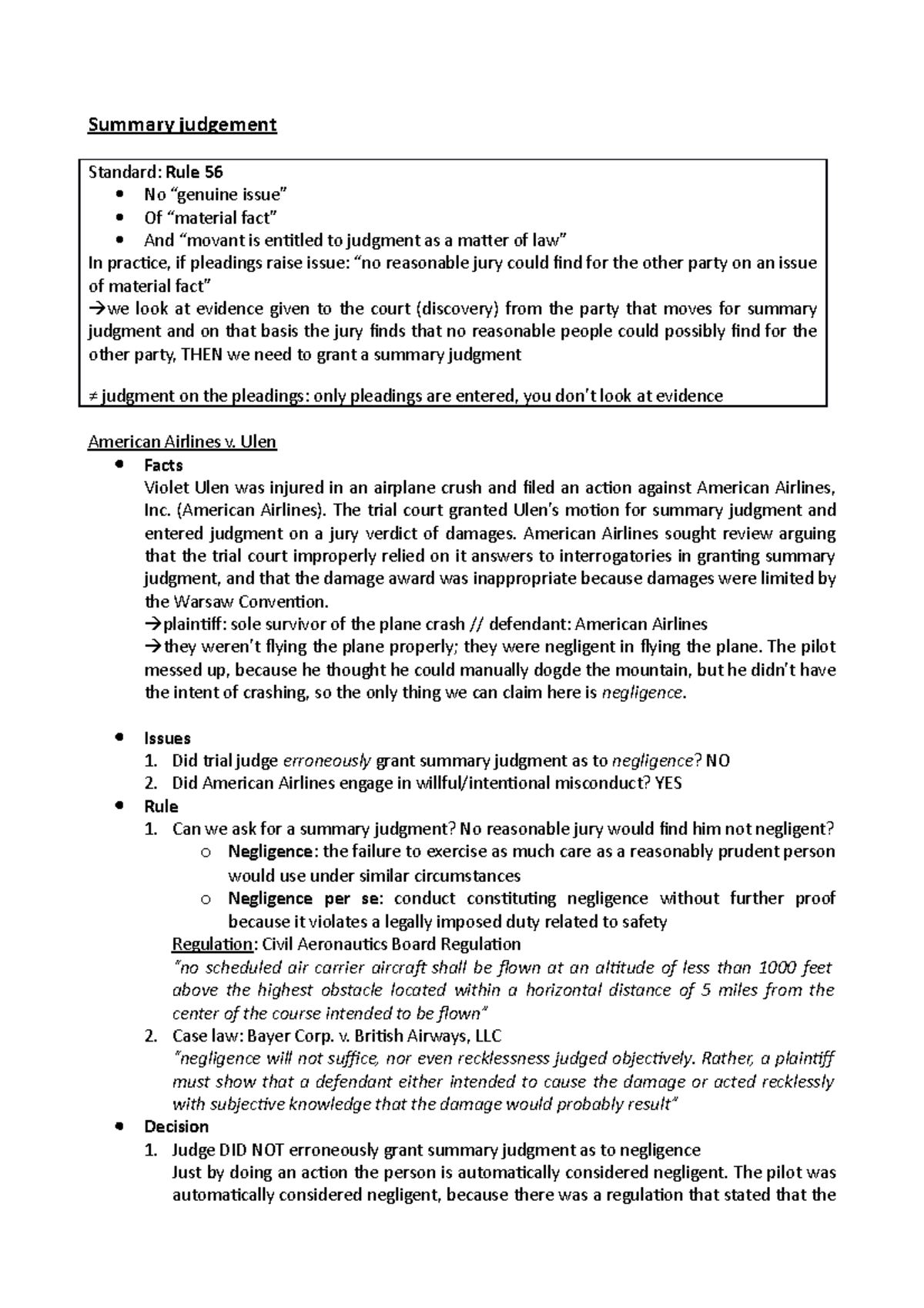 Summary judgement - Summary judgement Standard: Rule 56 No “genuine ...