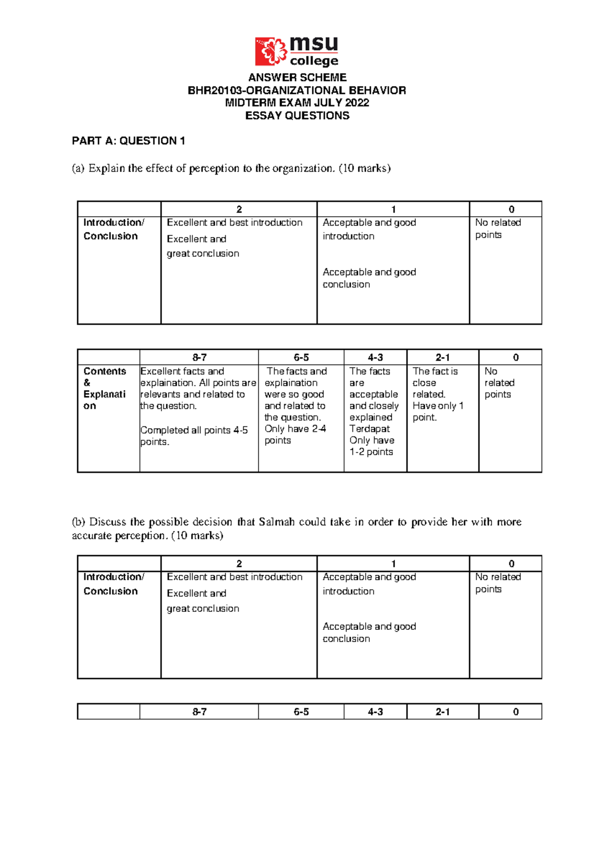 ANS Scheme MSE BHR10203 JULY22 - ANSWER SCHEME BHR20103-ORGANIZATIONAL ...