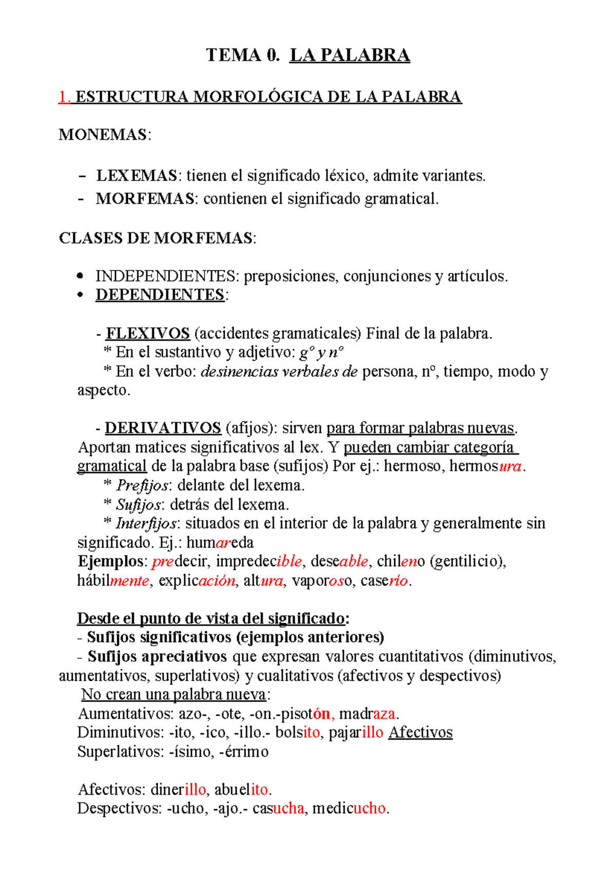 Esquema Morfología - Dede - TEMA 0. LA PALABRA 1. ESTRUCTURA ...