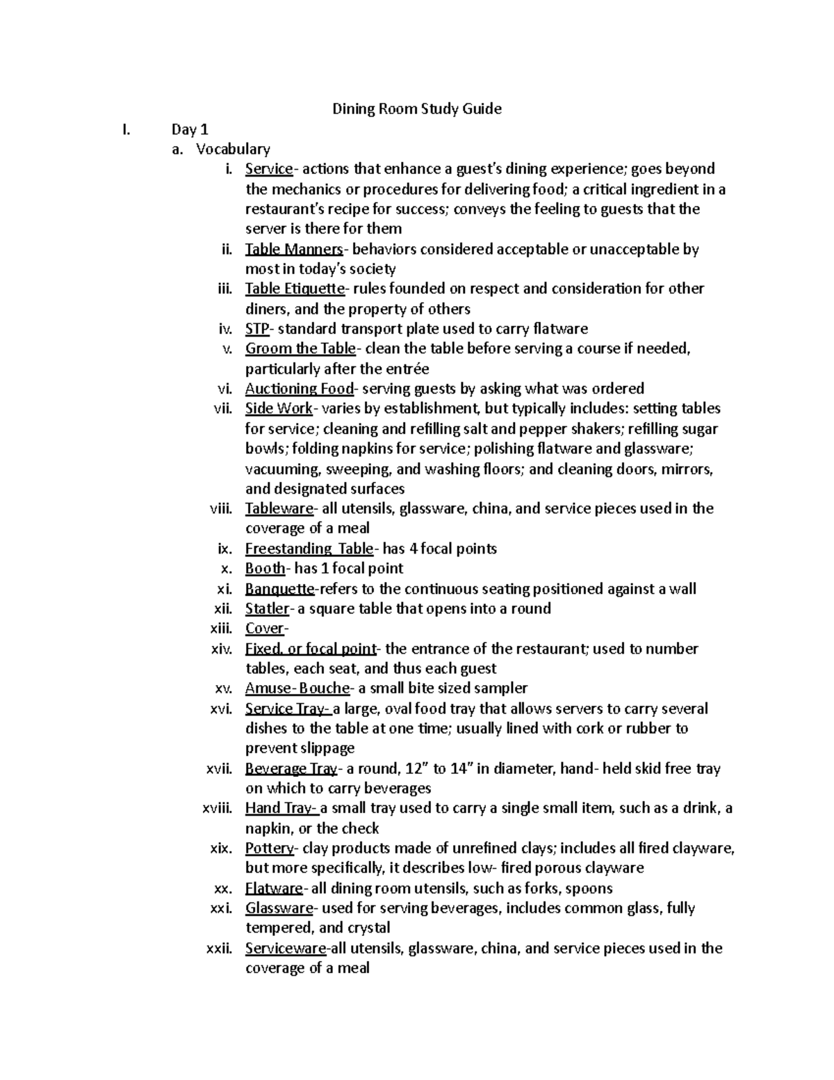 Dining Room Study Guide - Day 1 a. Vocabulary i. Service - actions that