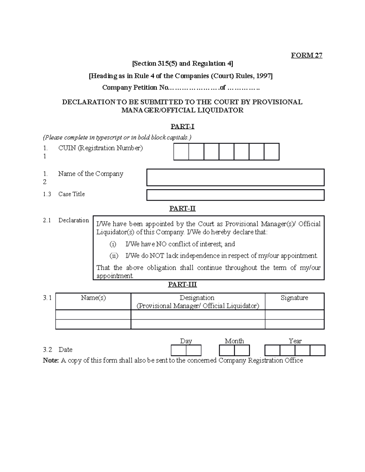 Form 27 - Declaration to be submitted to the court by provisional ...