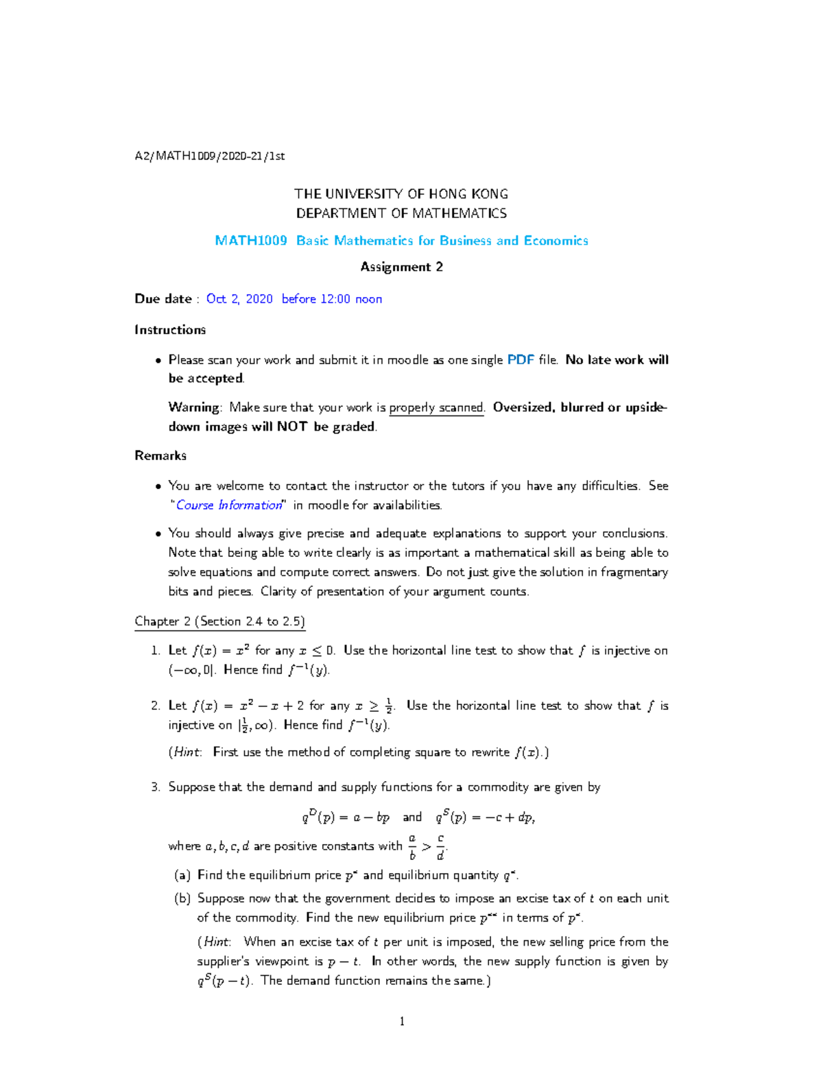 Assignment 2(1009)(20-21 First) - A2/MATH1009/2020-21/1st THE ...