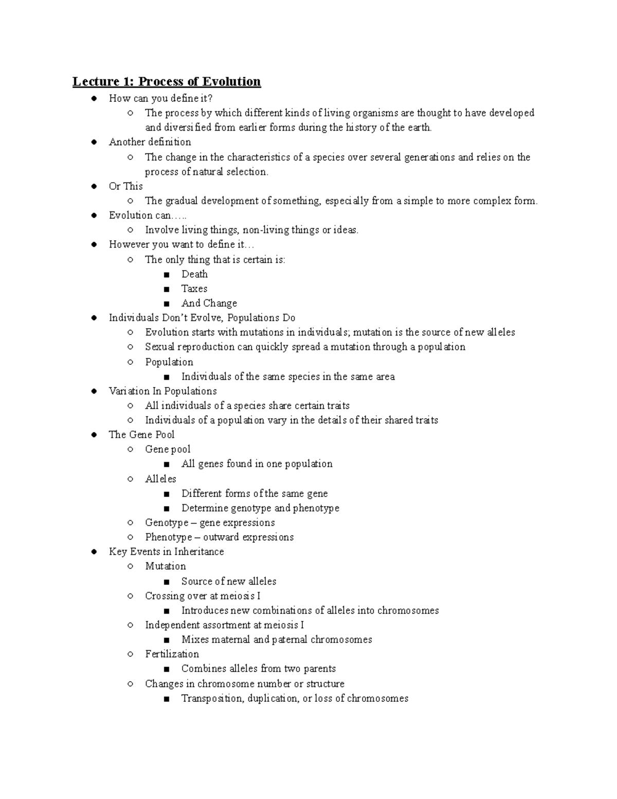 GBIO 107 Lecture 1 Notes - Lecture 1: Process of Evolution How can you ...