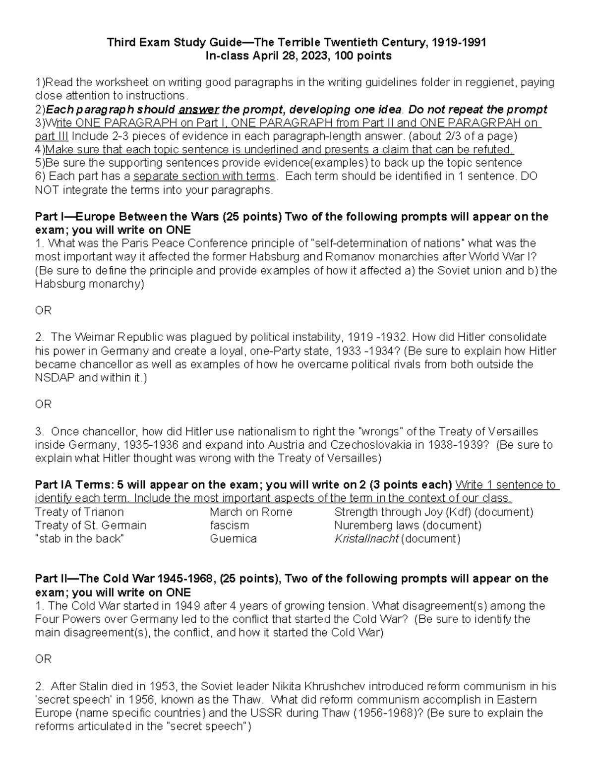 3rd exam h102 s23 - Third Exam Study Guide—The Terrible Twentieth ...
