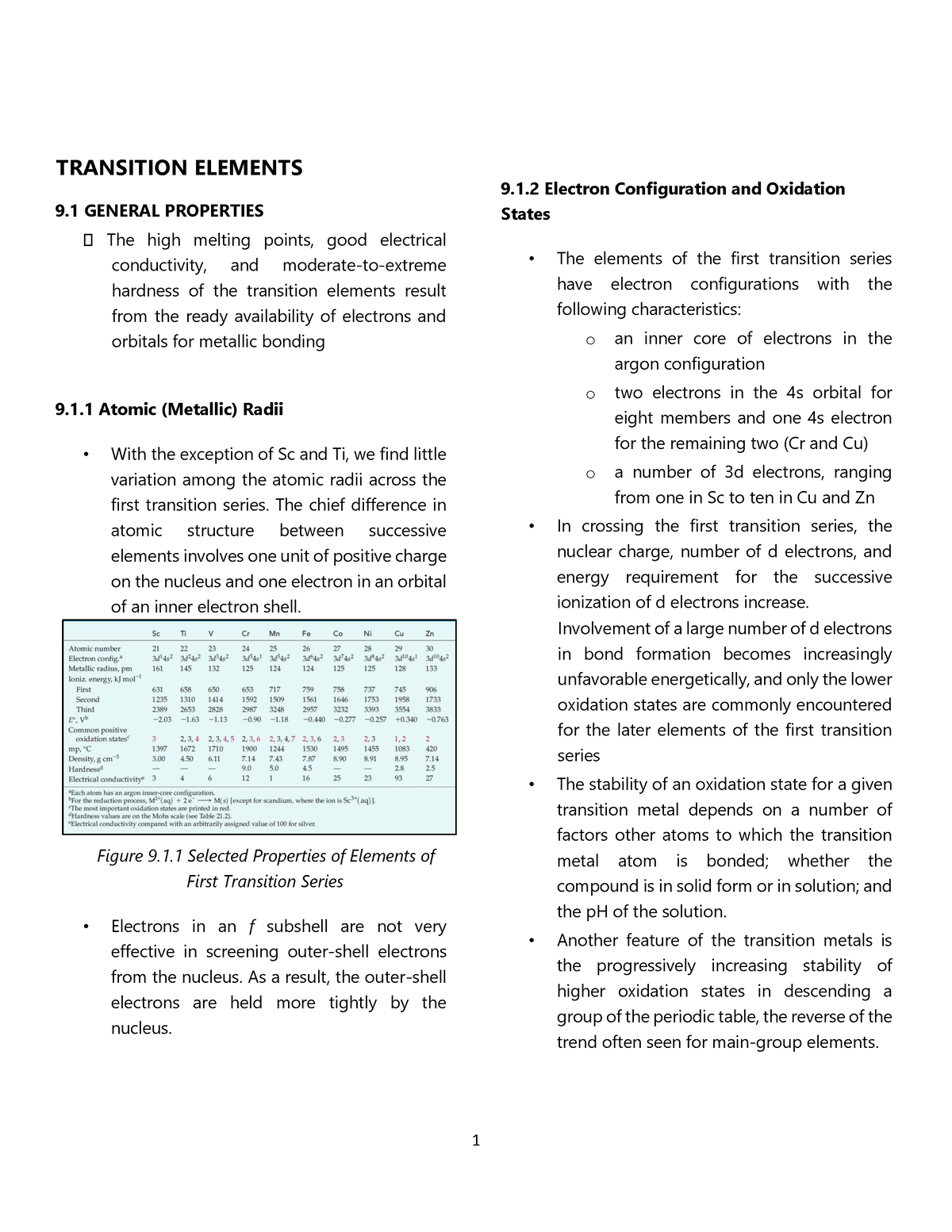 Transition elements - 1 Atomic (Metallic) Radii With the exception of