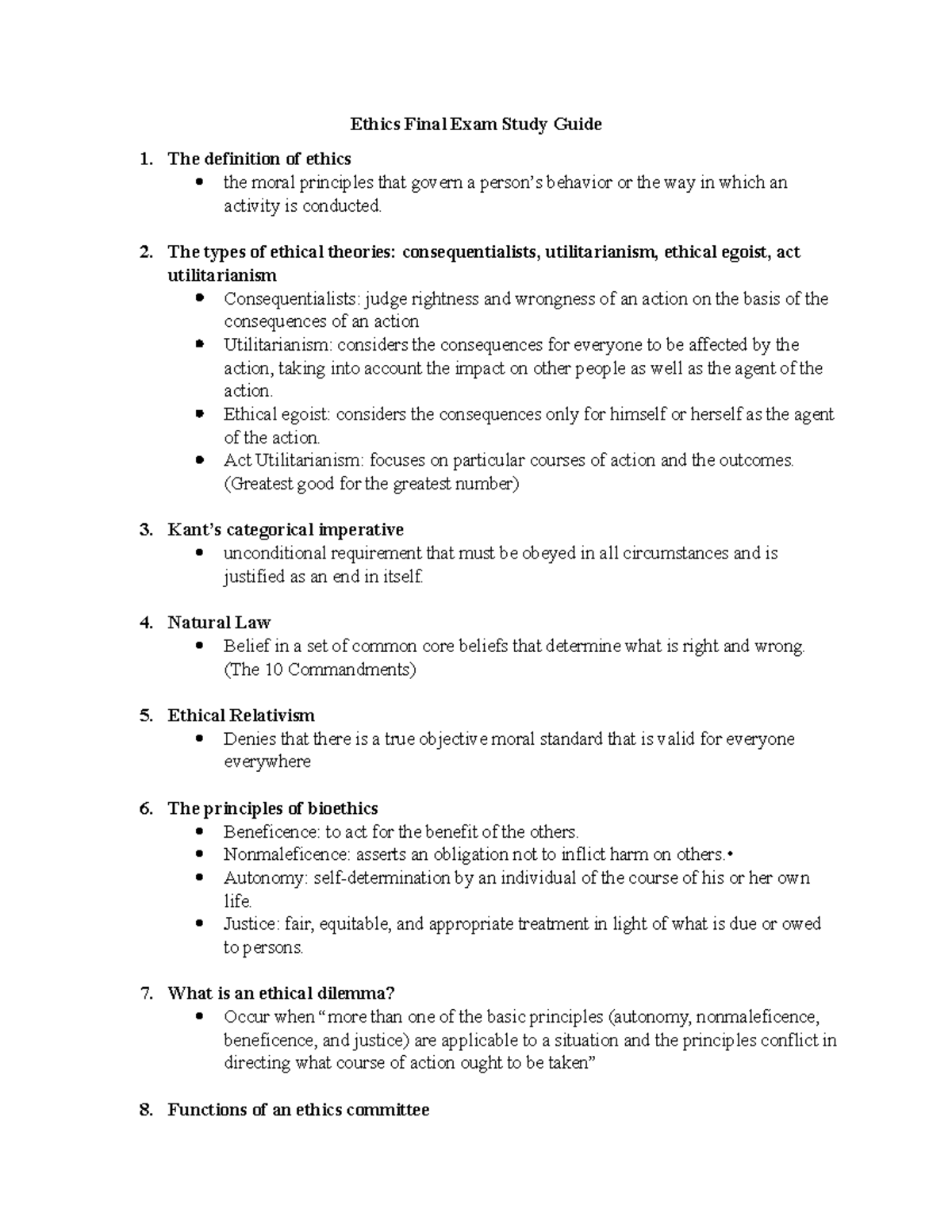 Ethics Final Exam Study Guide - The Definition Of Ethics The Moral ...