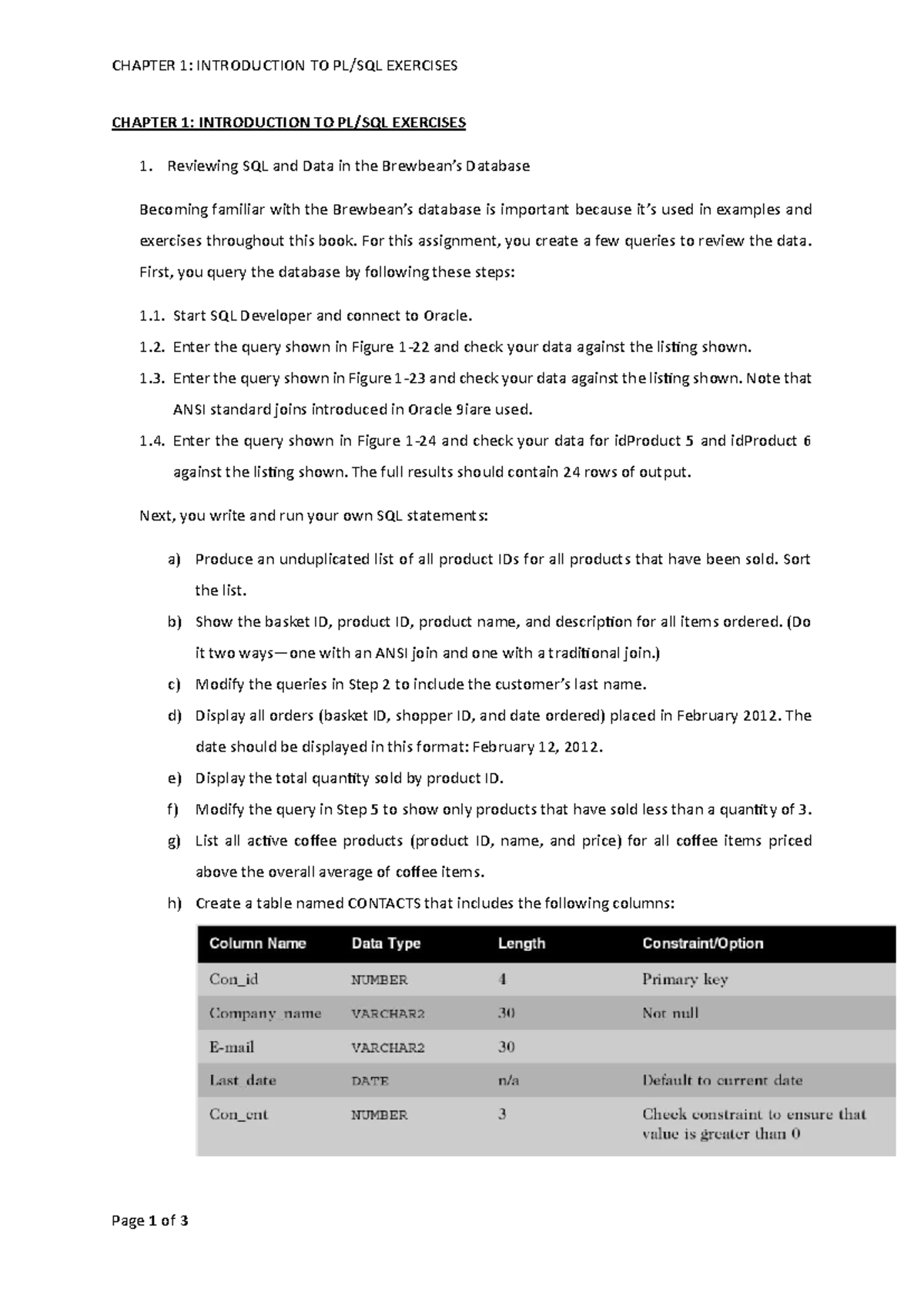 Chapter 1 Exercises - Exercise - CHAPTER 1: INTRODUCTION TO PL/SQL ...