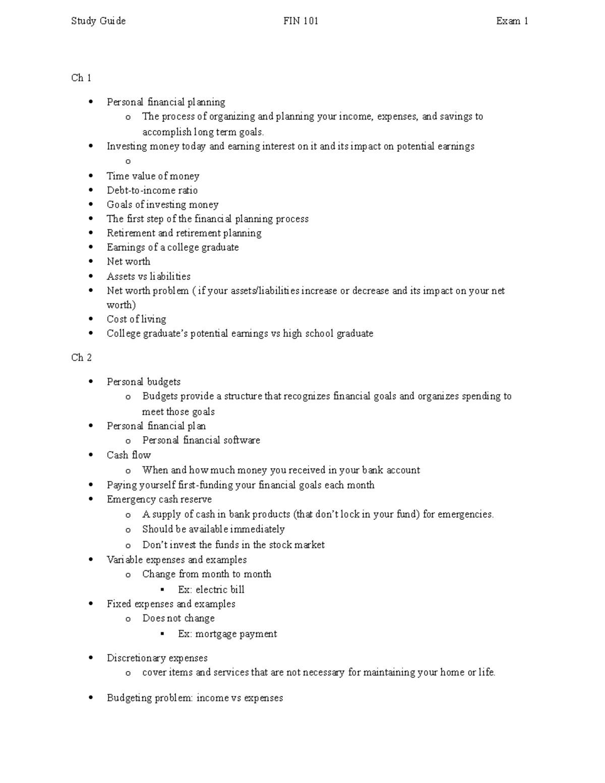 Study Guide Exam 1 - Study Guide FIN 101 Exam 1 Ch 1 Personal Financial ...