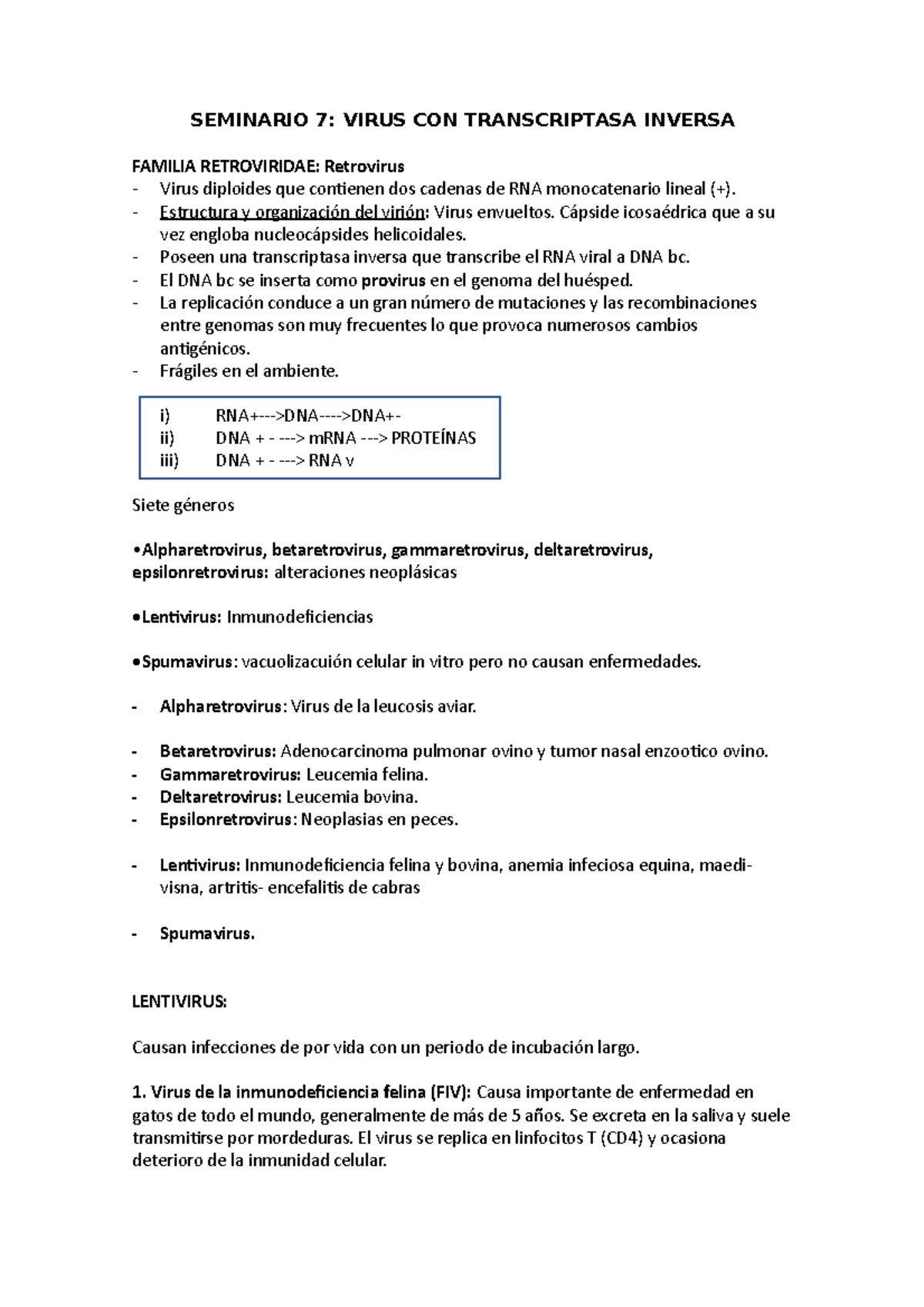 Seminario 7 - SEMINARIO 7: VIRUS CON TRANSCRIPTASA INVERSA FAMILIA ...