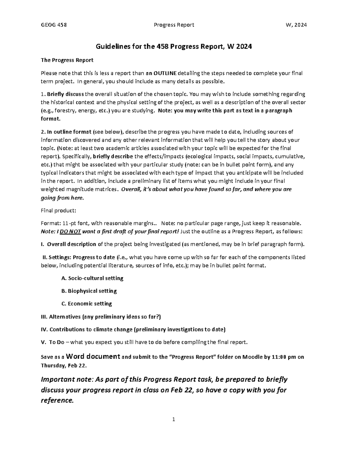 458-Guidelines for Progress Report - GEOG 458 Progress Report W, 2024 1 ...