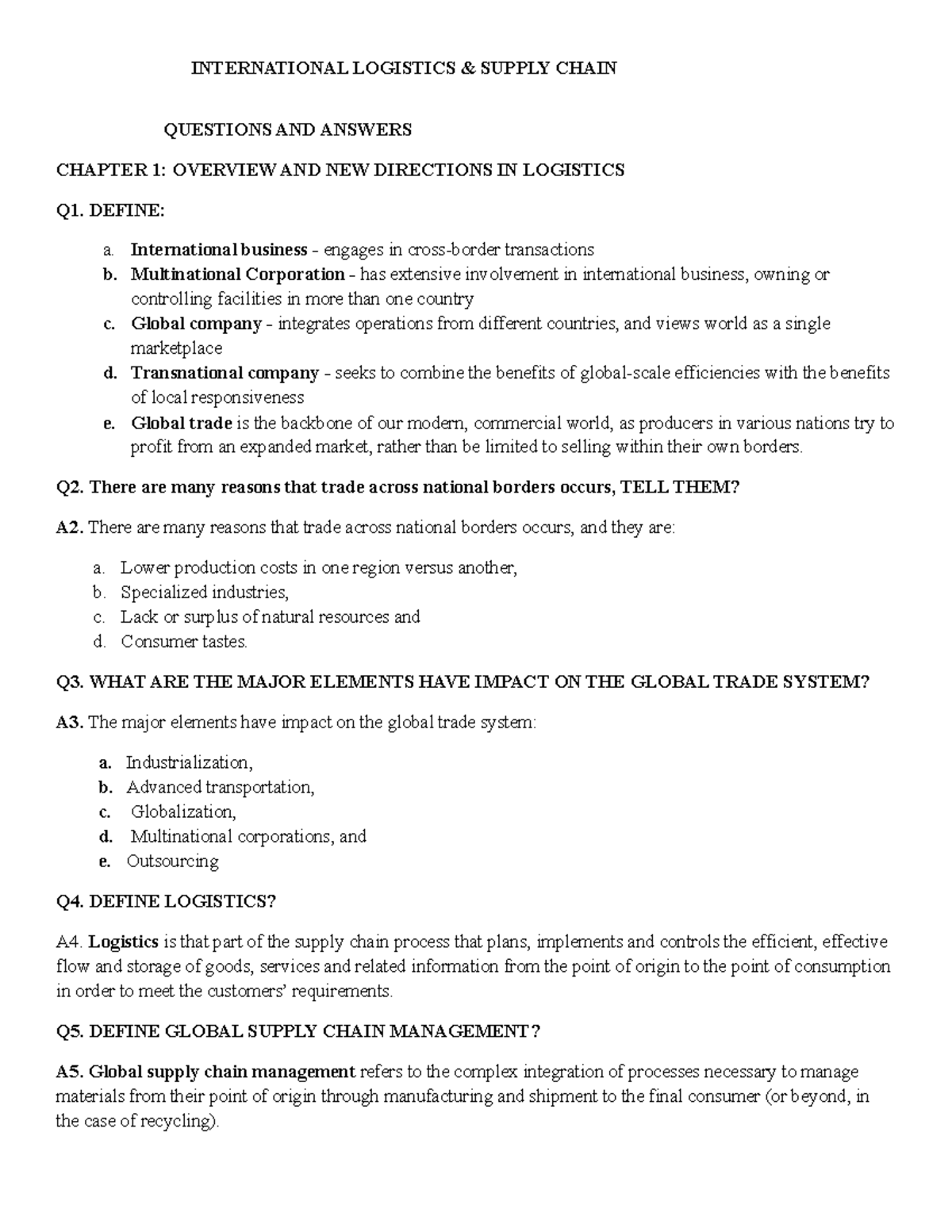 Updated Logistics 1-6 - QUESTIONS AND ANSWERS CHAPTER 1: OVERVIEW AND ...