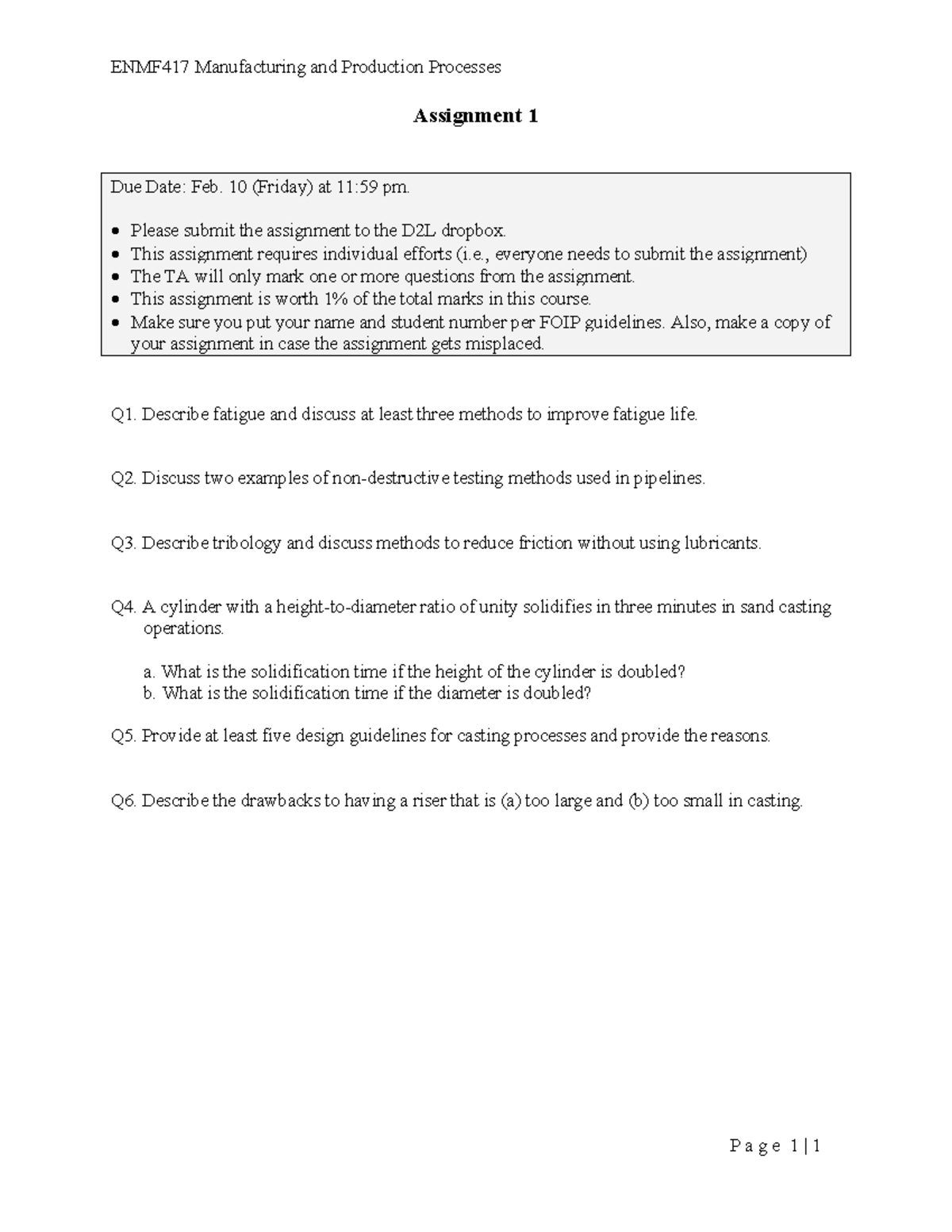 Assignment 1 - ENMF417 Manufacturing and Production Processes P a g e 1 ...