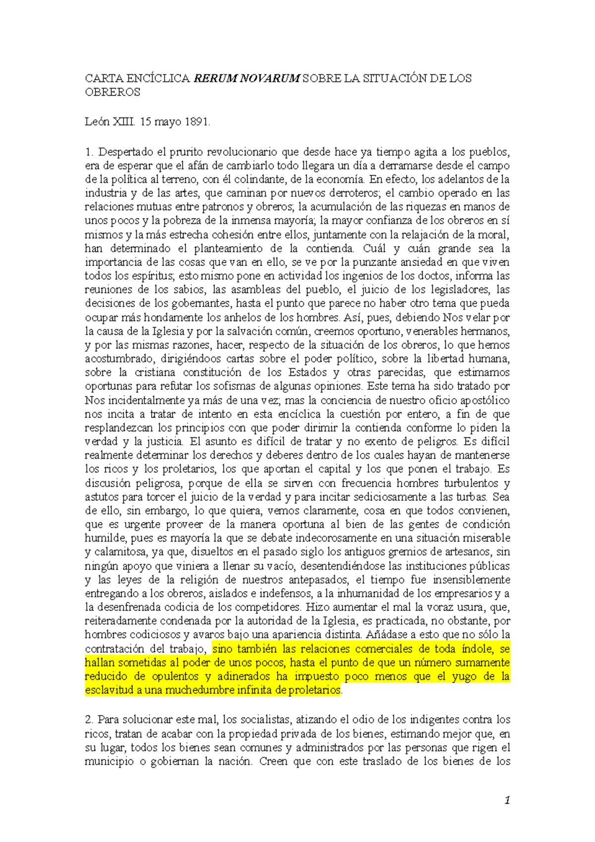 Texto 3 Rerum Novarum - Keloke - CARTA ENCÍCLICA RERUM NOVARUM SOBRE LA ...