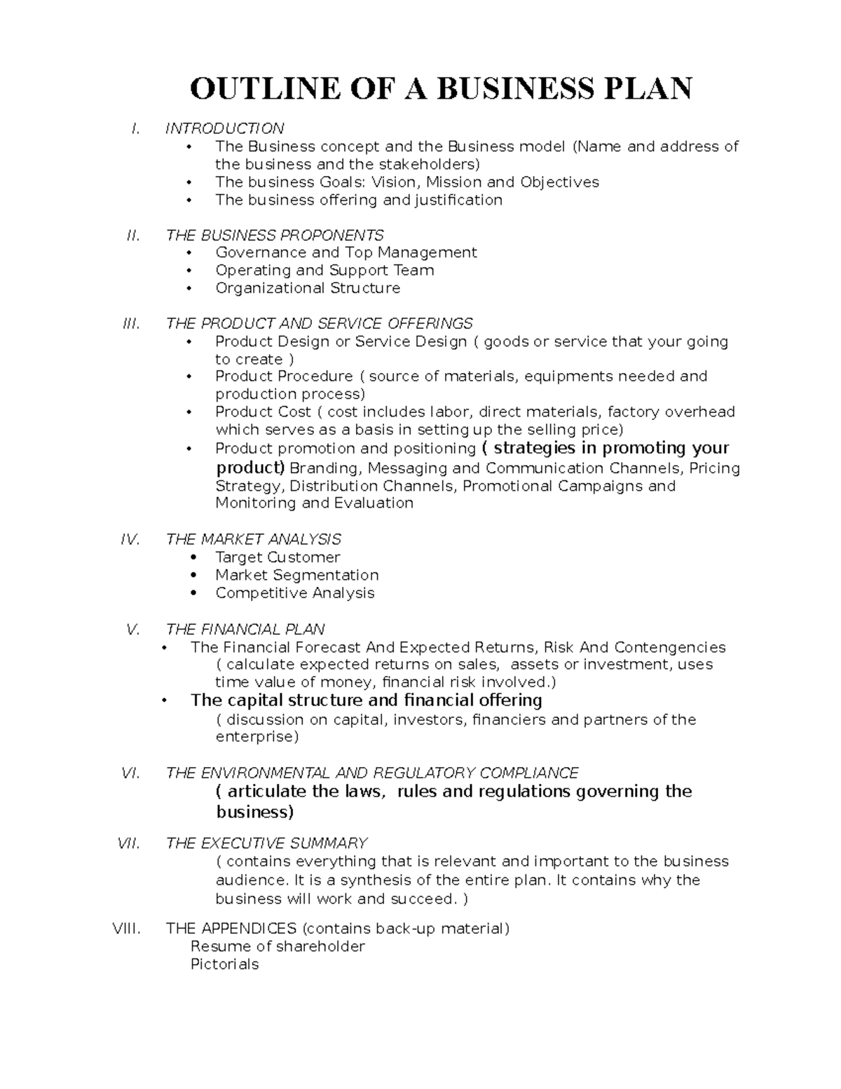 Business-PLAN- Format - OUTLINE OF A BUSINESS PLAN I. INTRODUCTION ...