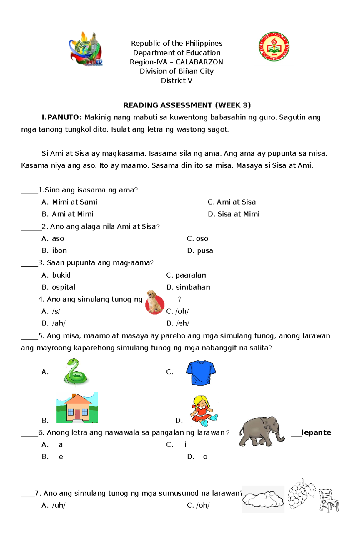 Reading Assessment-Week3 - Republic of the Philippines Department of ...